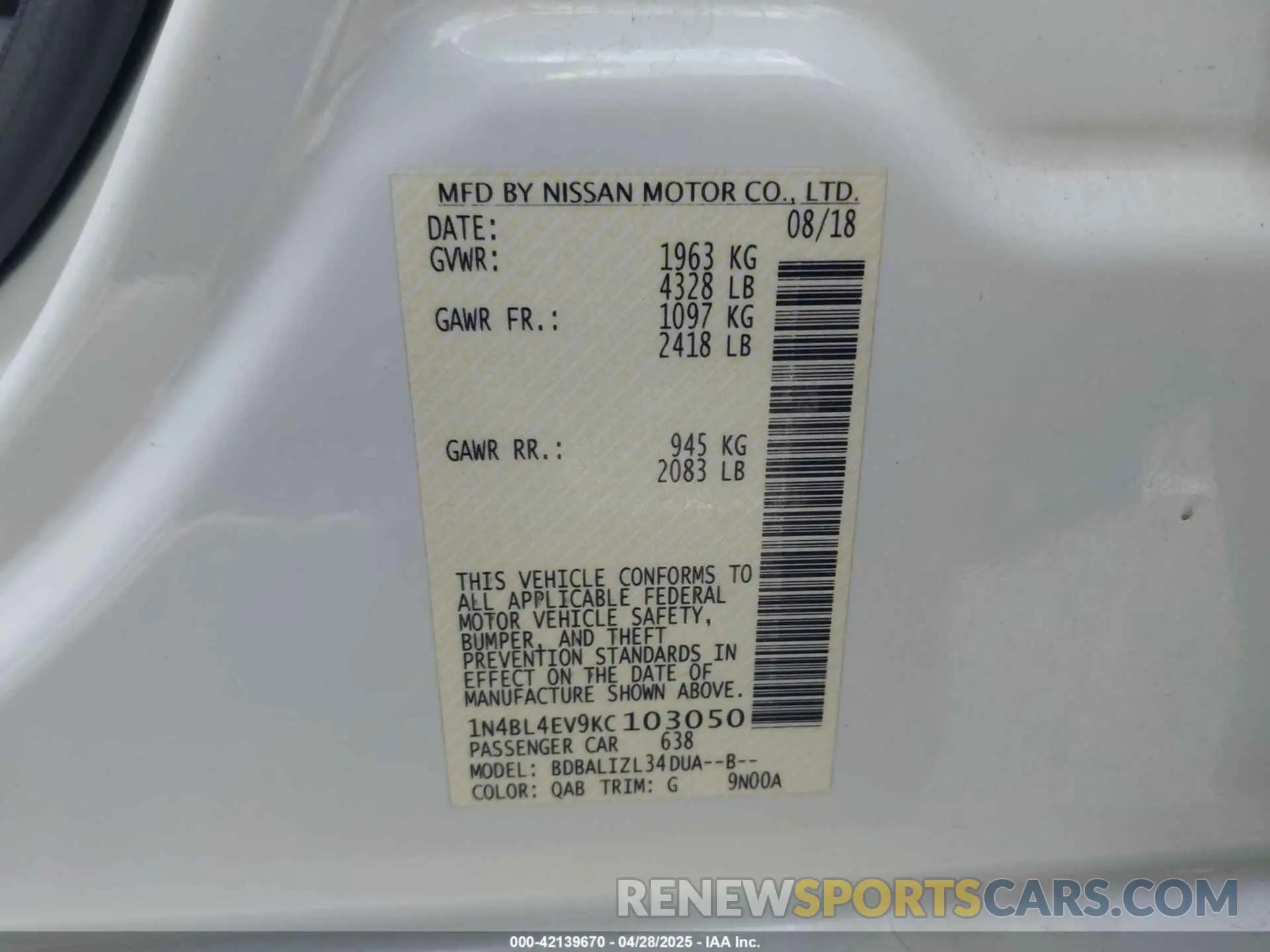 9 Фотография поврежденного автомобиля 1N4BL4EV9KC103050 NISSAN ALTIMA 2019
