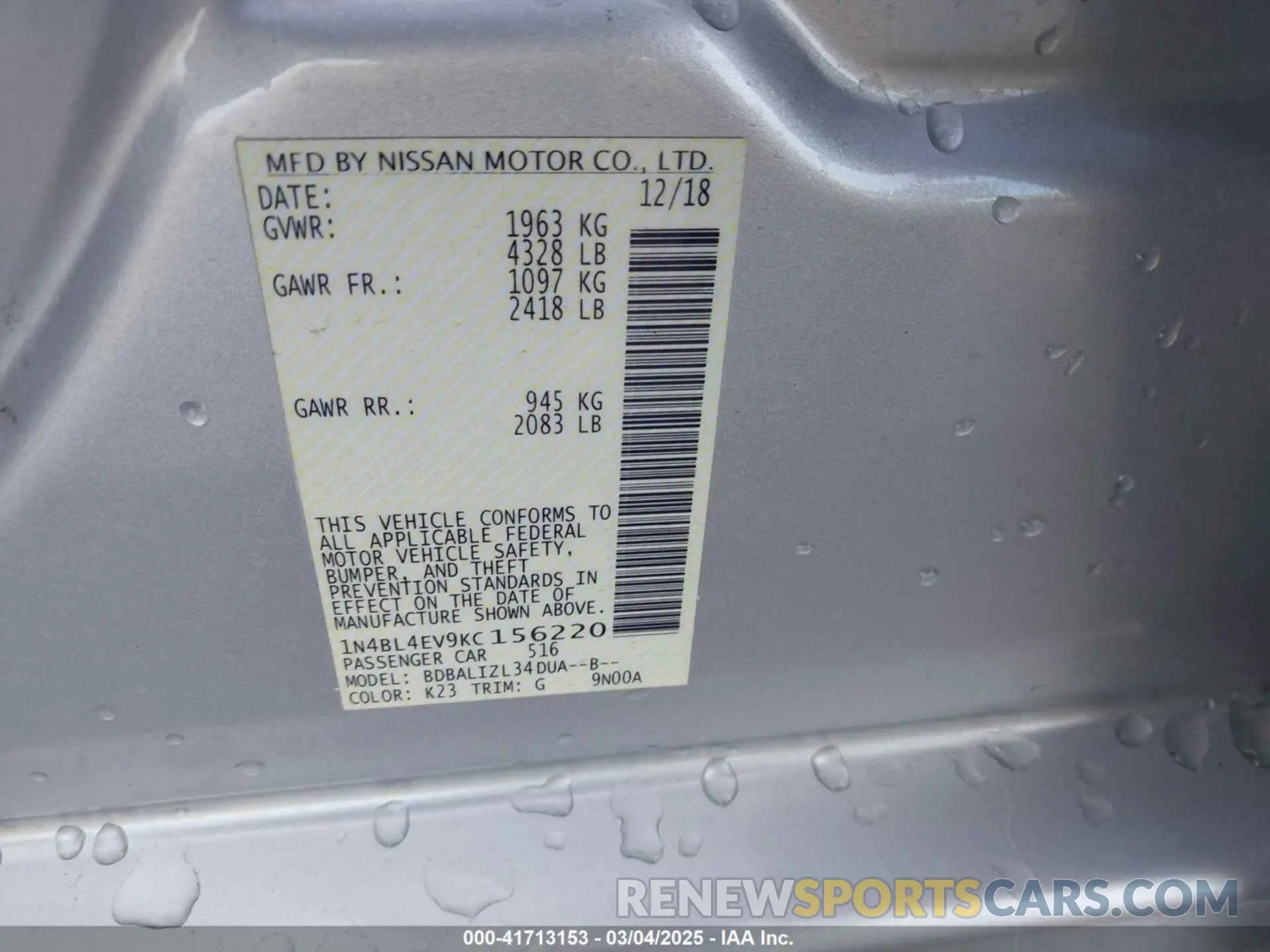 9 Photograph of a damaged car 1N4BL4EV9KC156220 NISSAN ALTIMA 2019