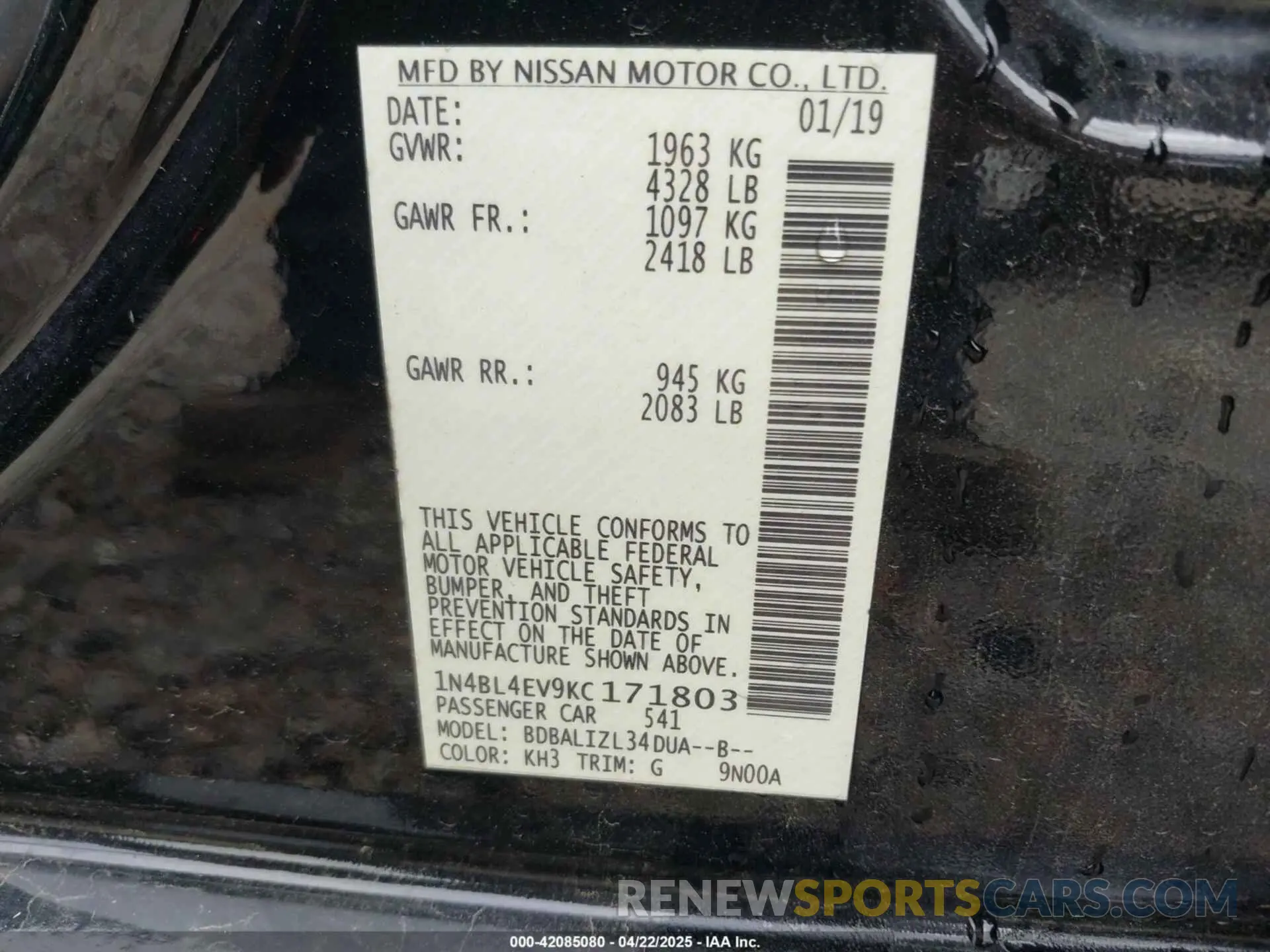 9 Photograph of a damaged car 1N4BL4EV9KC171803 NISSAN ALTIMA 2019