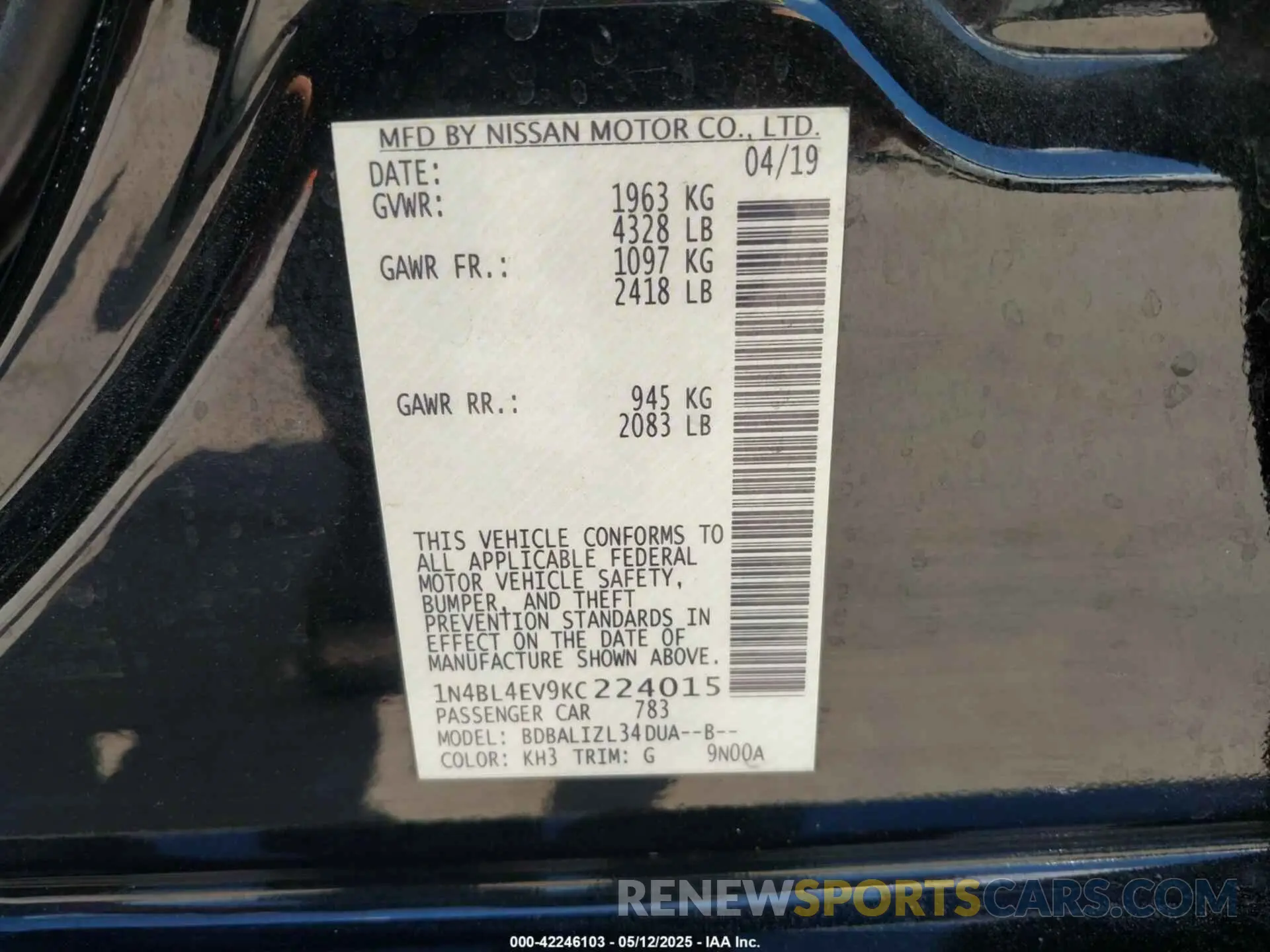 9 Photograph of a damaged car 1N4BL4EV9KC224015 NISSAN ALTIMA 2019