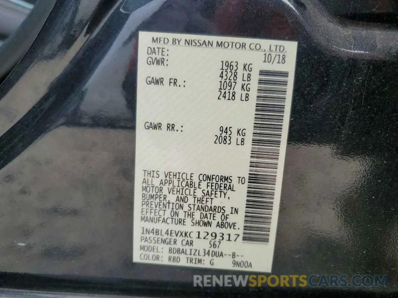 12 Photograph of a damaged car 1N4BL4EVXKC129317 NISSAN ALTIMA 2019