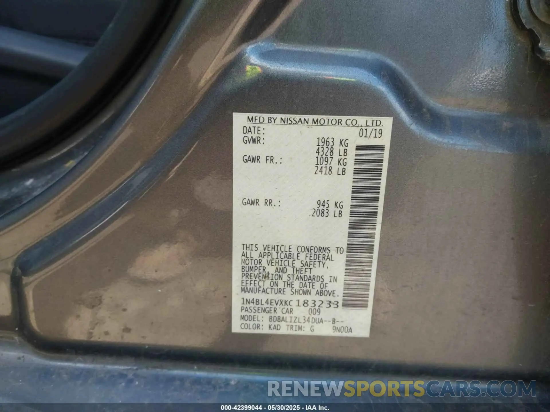 9 Фотография поврежденного автомобиля 1N4BL4EVXKC183233 NISSAN ALTIMA 2019