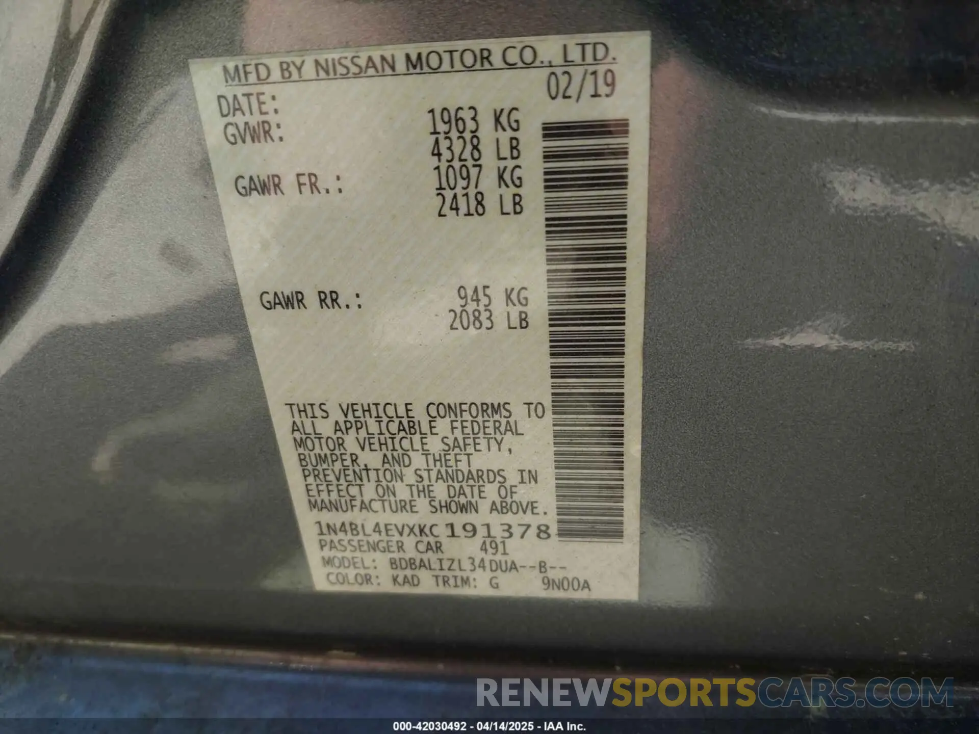 9 Photograph of a damaged car 1N4BL4EVXKC191378 NISSAN ALTIMA 2019