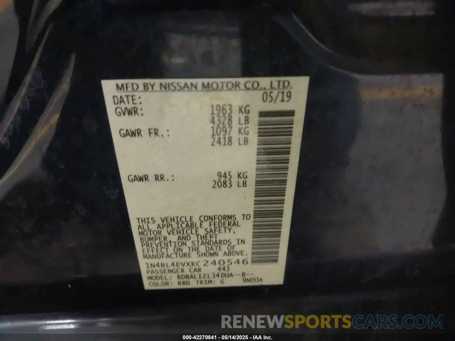 9 Photograph of a damaged car 1N4BL4EVXKC240546 NISSAN ALTIMA 2019