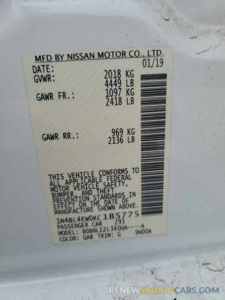 12 Photograph of a damaged car 1N4BL4EW0KC185775 NISSAN ALTIMA 2019