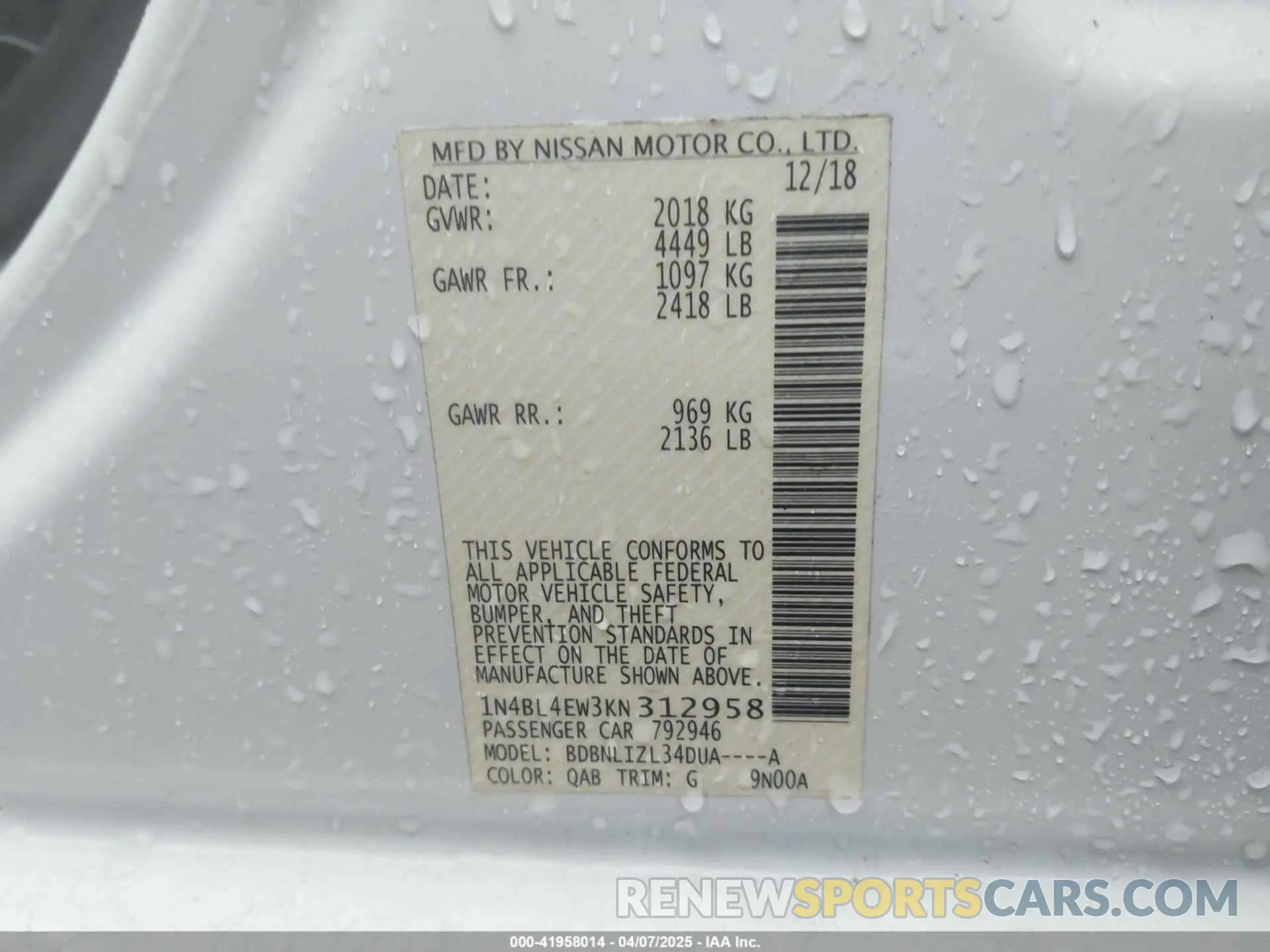 9 Photograph of a damaged car 1N4BL4EW3KN312958 NISSAN ALTIMA 2019
