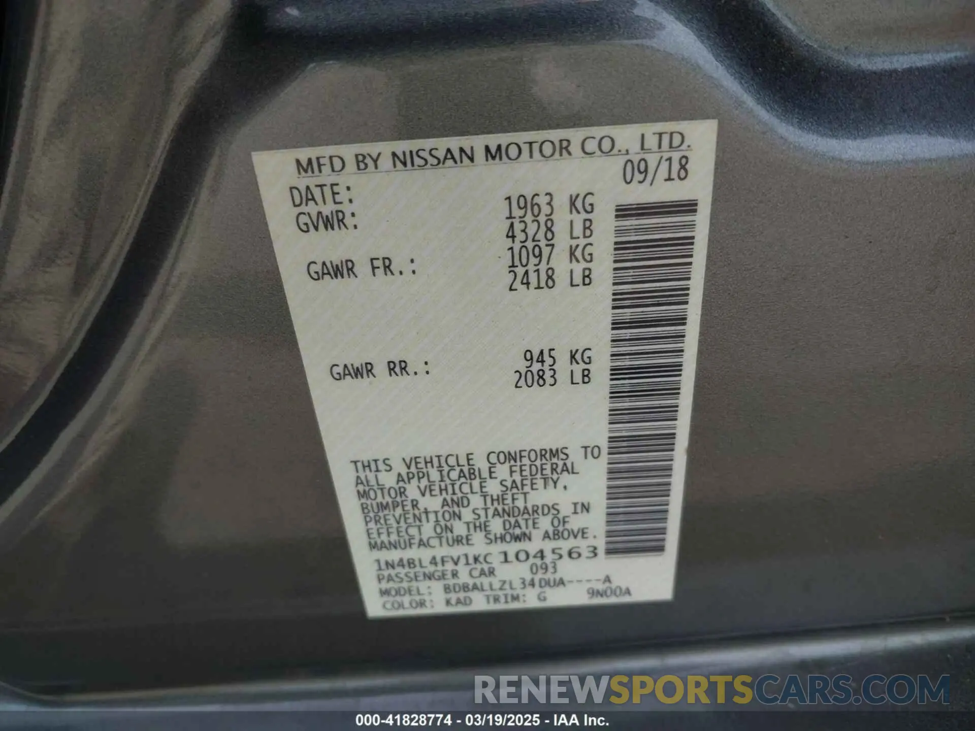 9 Фотография поврежденного автомобиля 1N4BL4FV1KC104563 NISSAN ALTIMA 2019