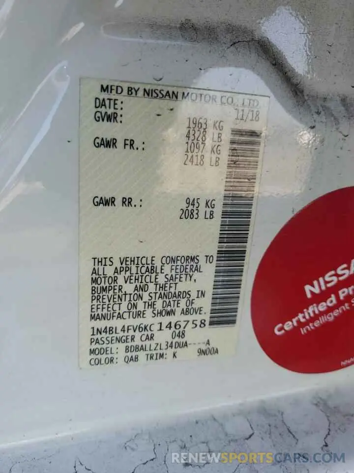 13 Photograph of a damaged car 1N4BL4FV6KC146758 NISSAN ALTIMA 2019
