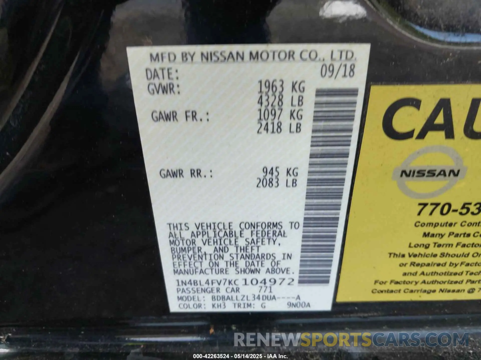 9 Photograph of a damaged car 1N4BL4FV7KC104972 NISSAN ALTIMA 2019