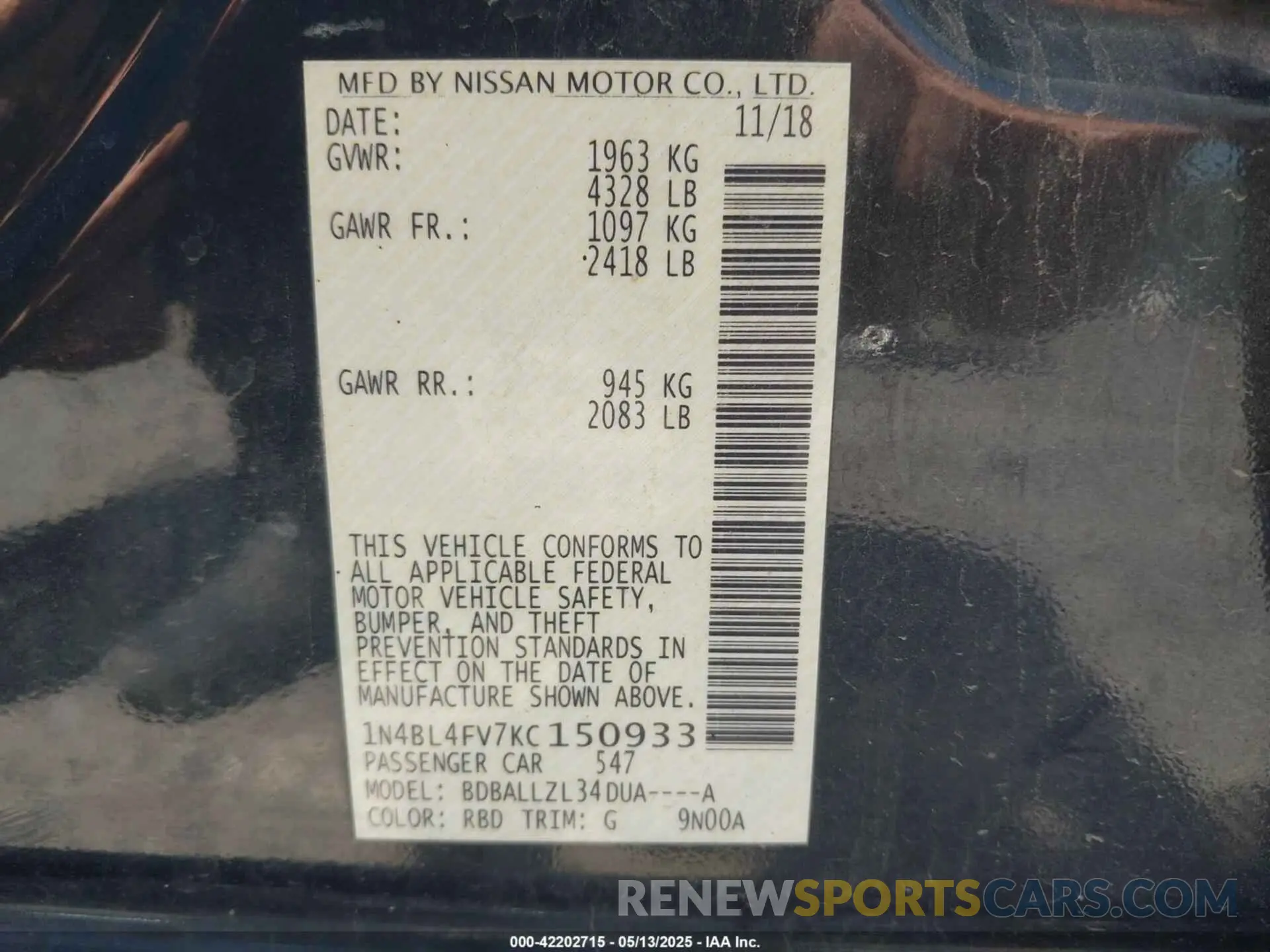 9 Фотография поврежденного автомобиля 1N4BL4FV7KC150933 NISSAN ALTIMA 2019