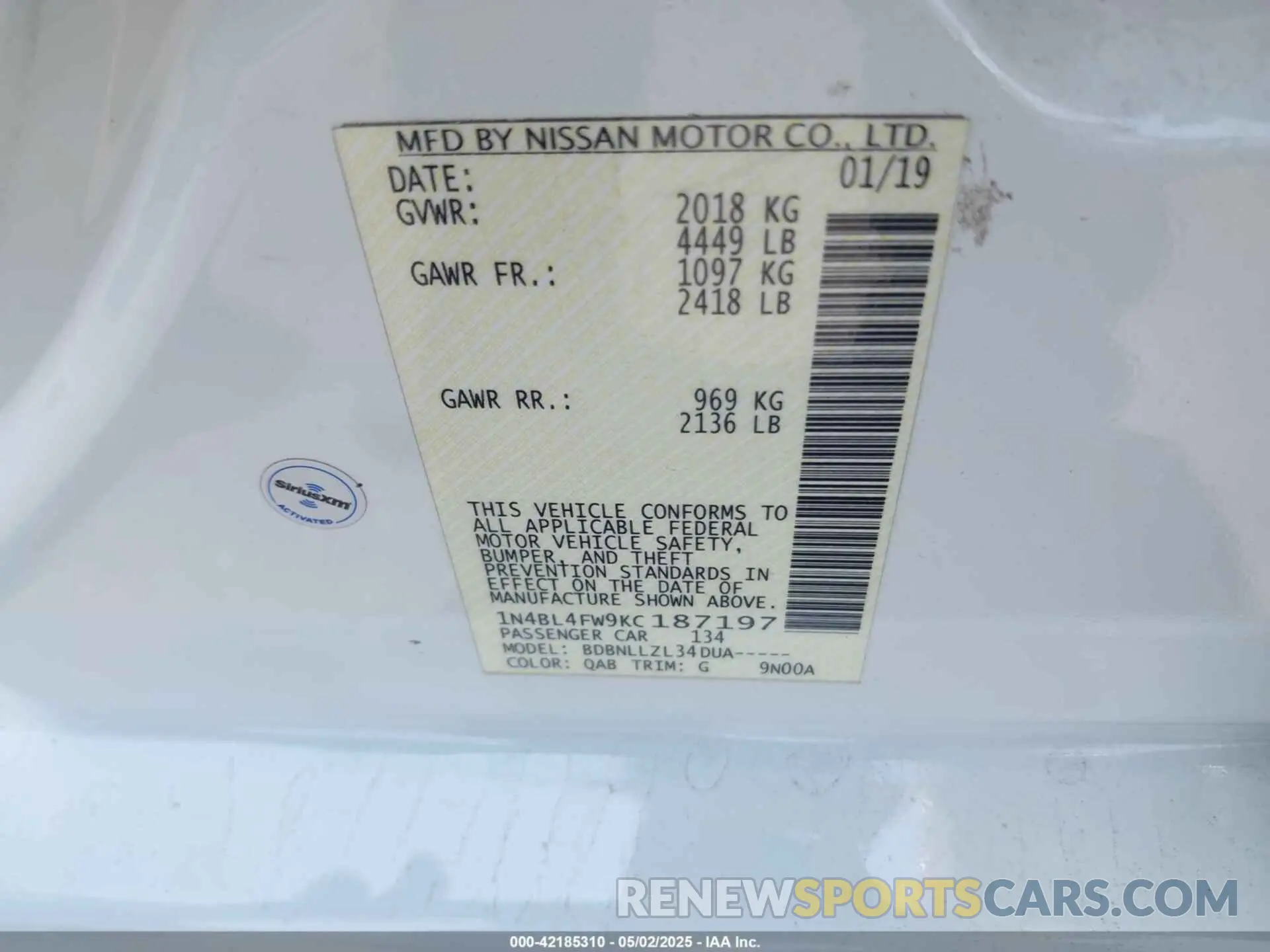 9 Photograph of a damaged car 1N4BL4FW9KC187197 NISSAN ALTIMA 2019