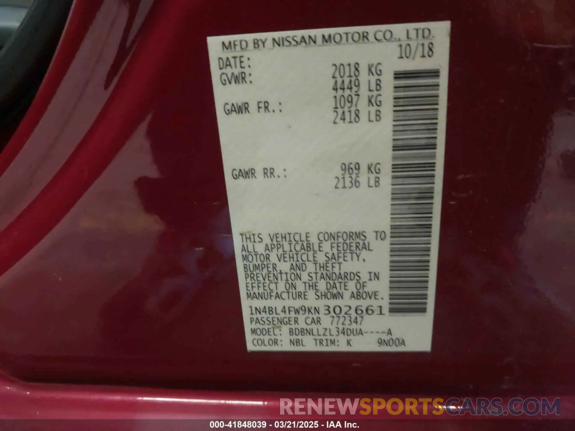 9 Photograph of a damaged car 1N4BL4FW9KN302661 NISSAN ALTIMA 2019