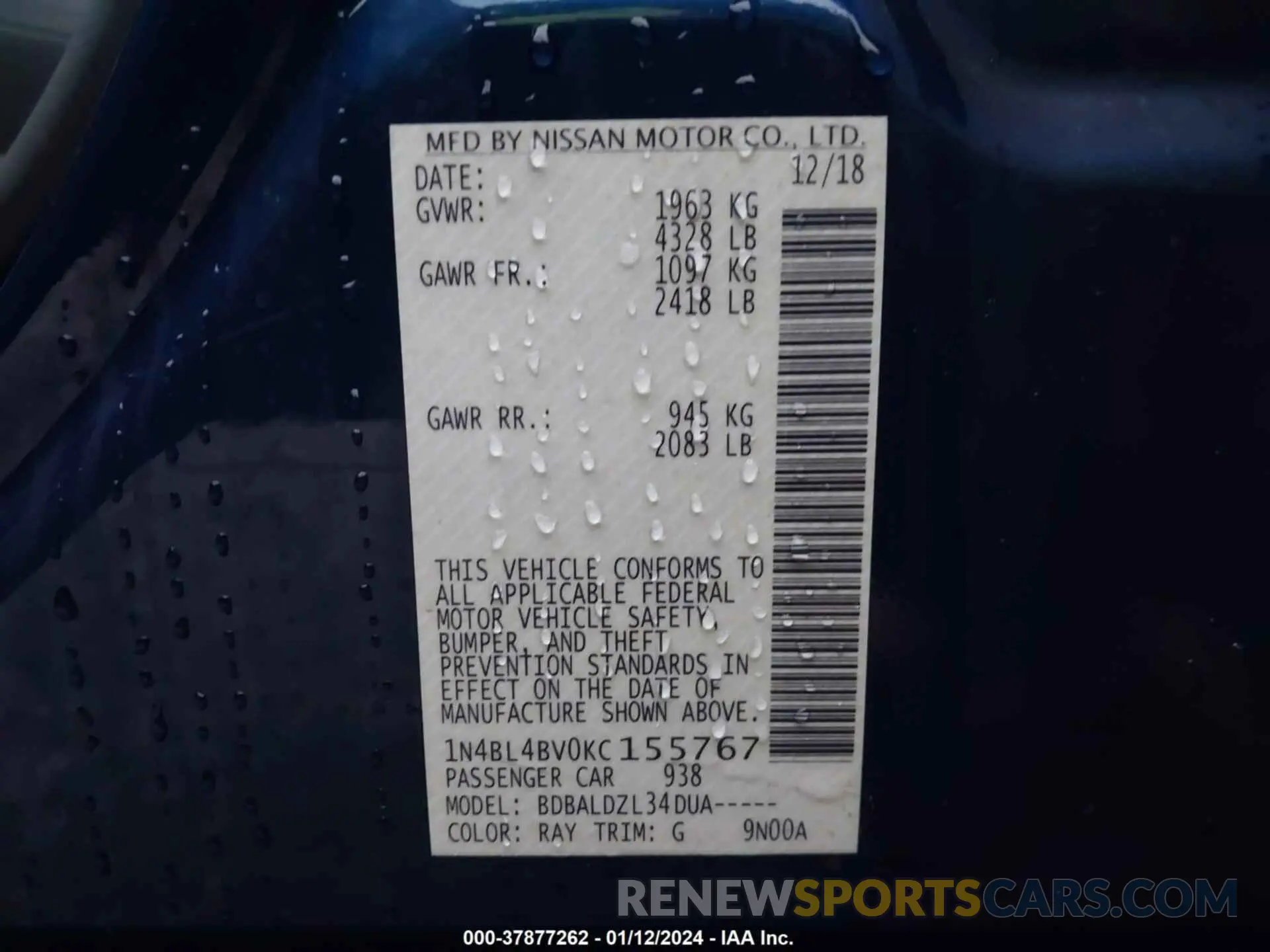 9 Фотография поврежденного автомобиля 1n4bl4bv0kc155767 NISSAN ALTIMA 2019
