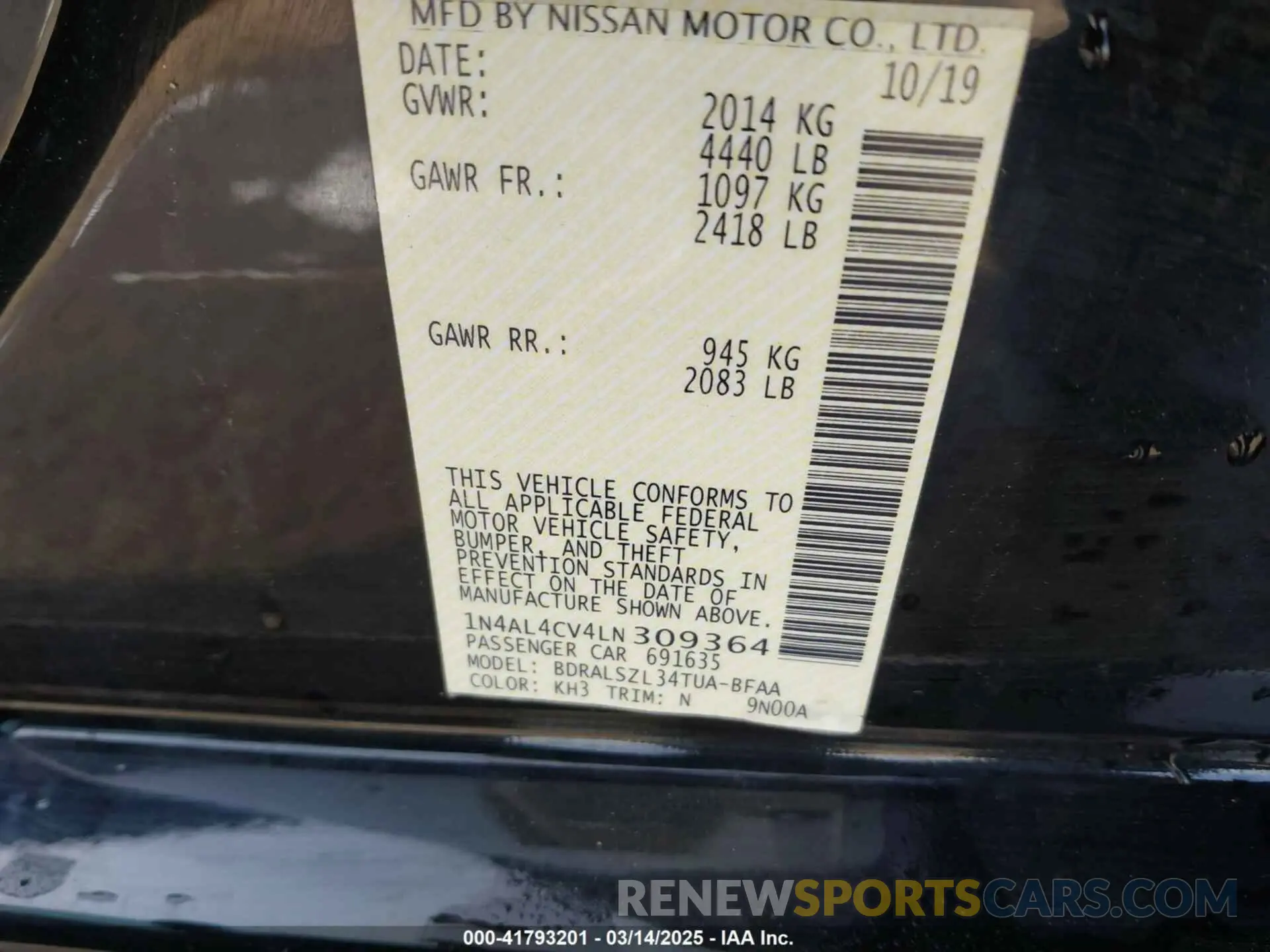 9 Photograph of a damaged car 1N4AL4CV4LN309364 NISSAN ALTIMA 2020