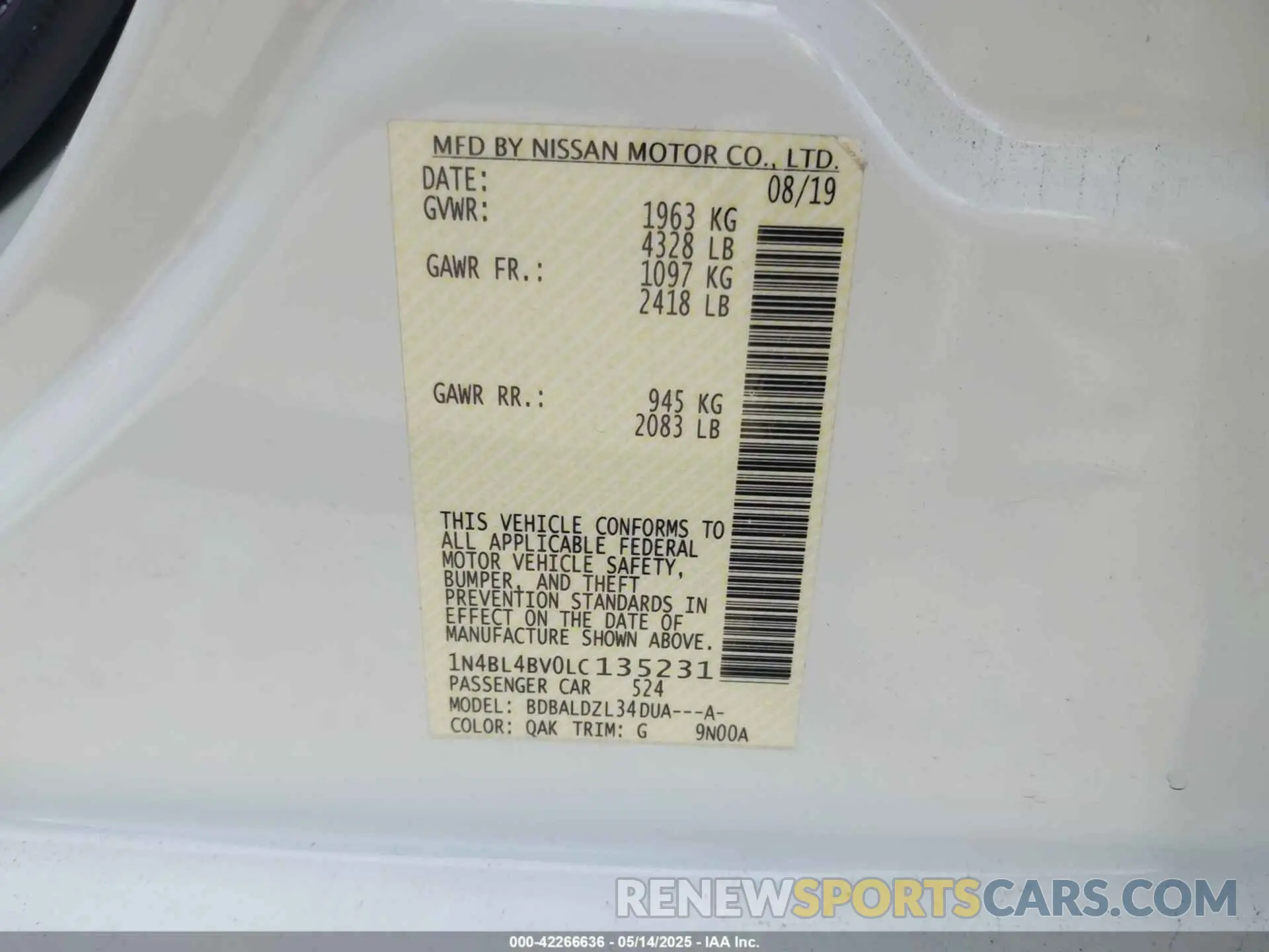 9 Photograph of a damaged car 1N4BL4BV0LC135231 NISSAN ALTIMA 2020