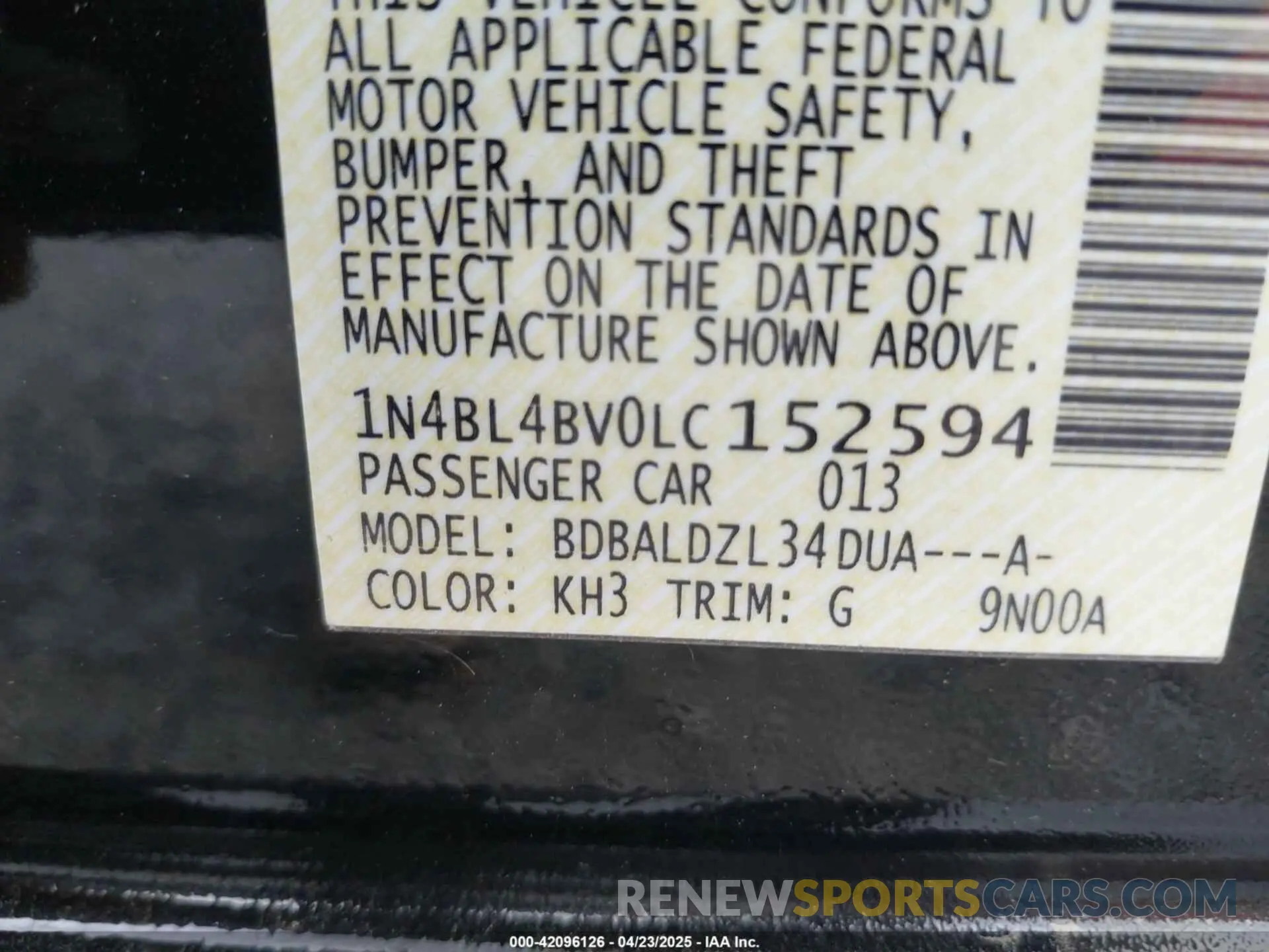 9 Photograph of a damaged car 1N4BL4BV0LC152594 NISSAN ALTIMA 2020