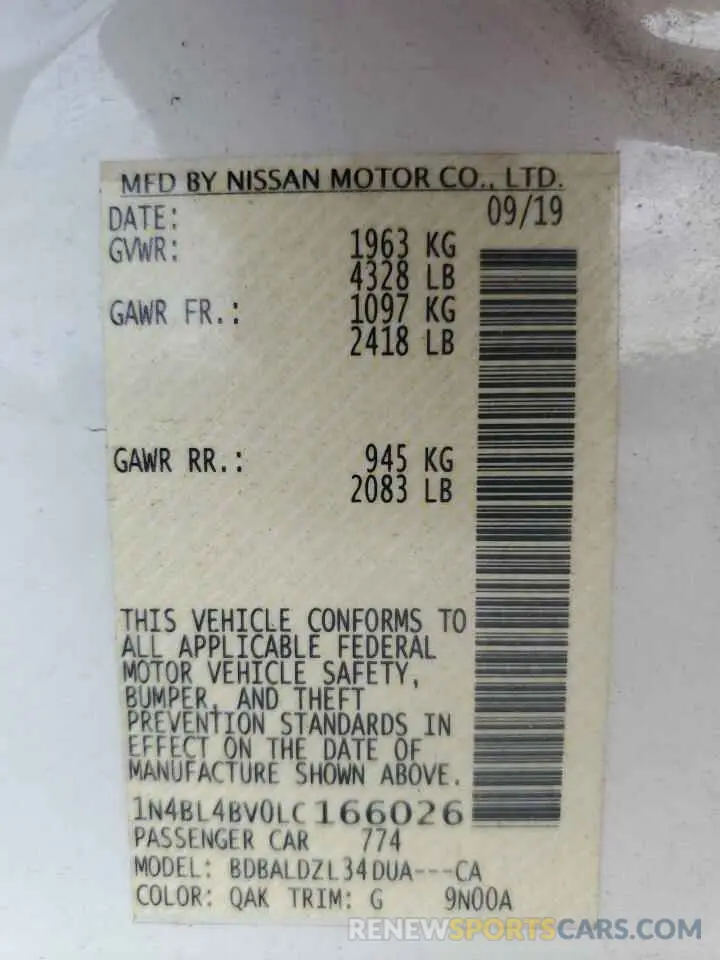 13 Фотография поврежденного автомобиля 1N4BL4BV0LC166026 NISSAN ALTIMA 2020