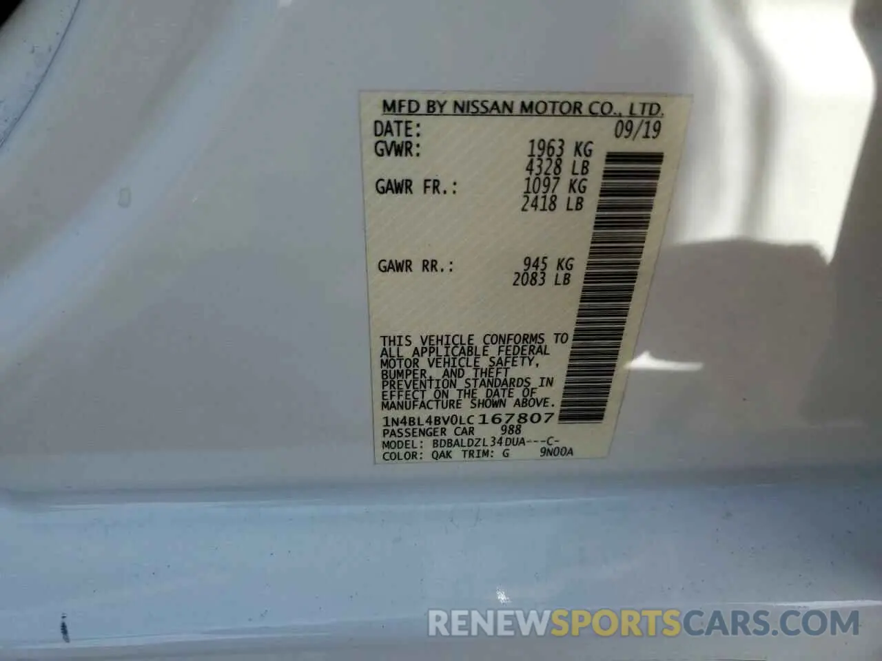 12 Photograph of a damaged car 1N4BL4BV0LC167807 NISSAN ALTIMA 2020
