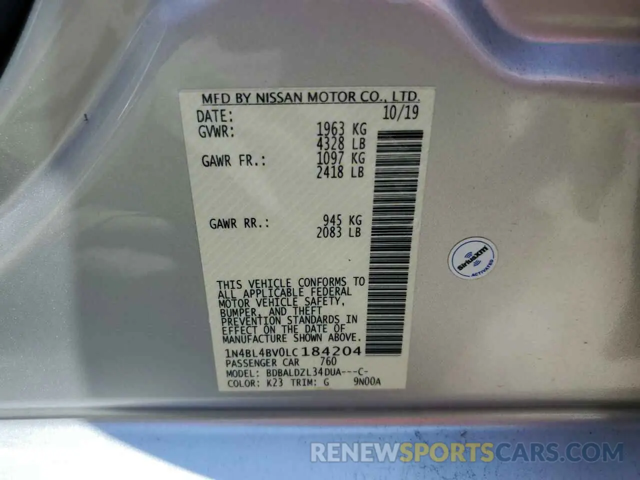 12 Фотография поврежденного автомобиля 1N4BL4BV0LC184204 NISSAN ALTIMA 2020