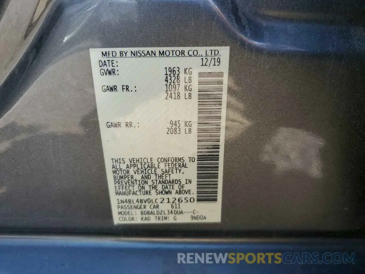 12 Photograph of a damaged car 1N4BL4BV0LC212650 NISSAN ALTIMA 2020