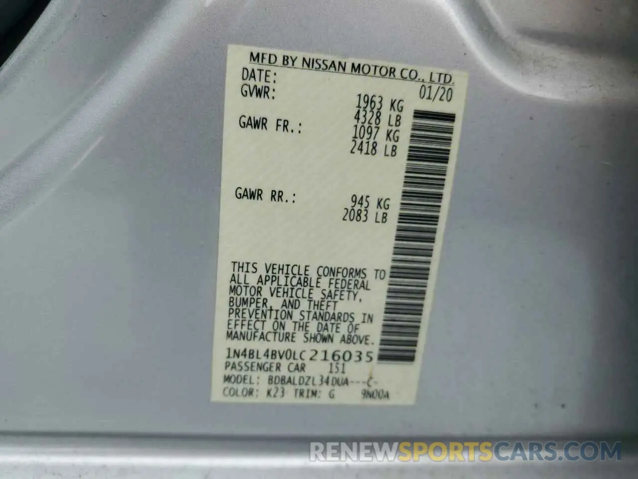 13 Фотография поврежденного автомобиля 1N4BL4BV0LC216035 NISSAN ALTIMA 2020