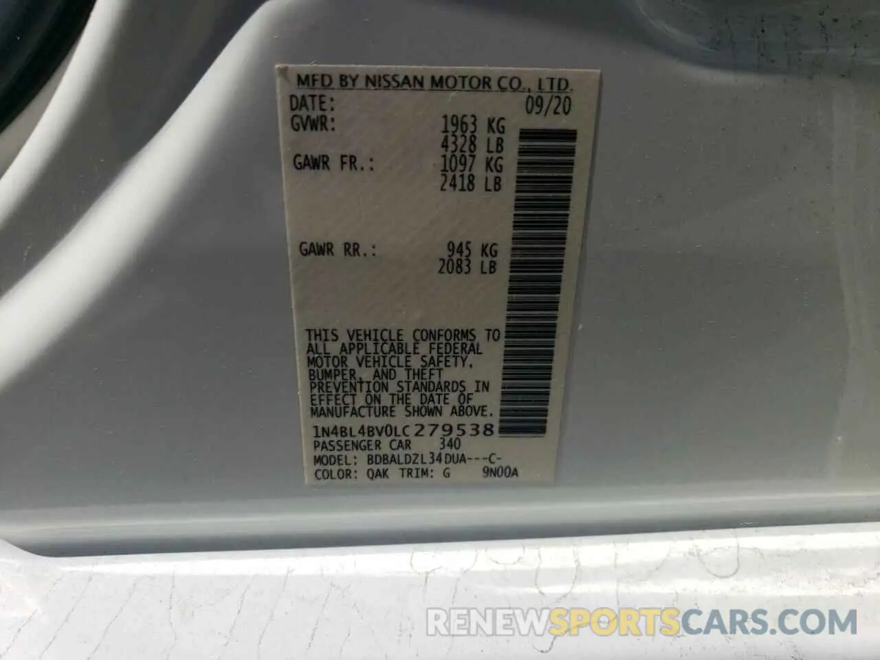12 Фотография поврежденного автомобиля 1N4BL4BV0LC279538 NISSAN ALTIMA 2020