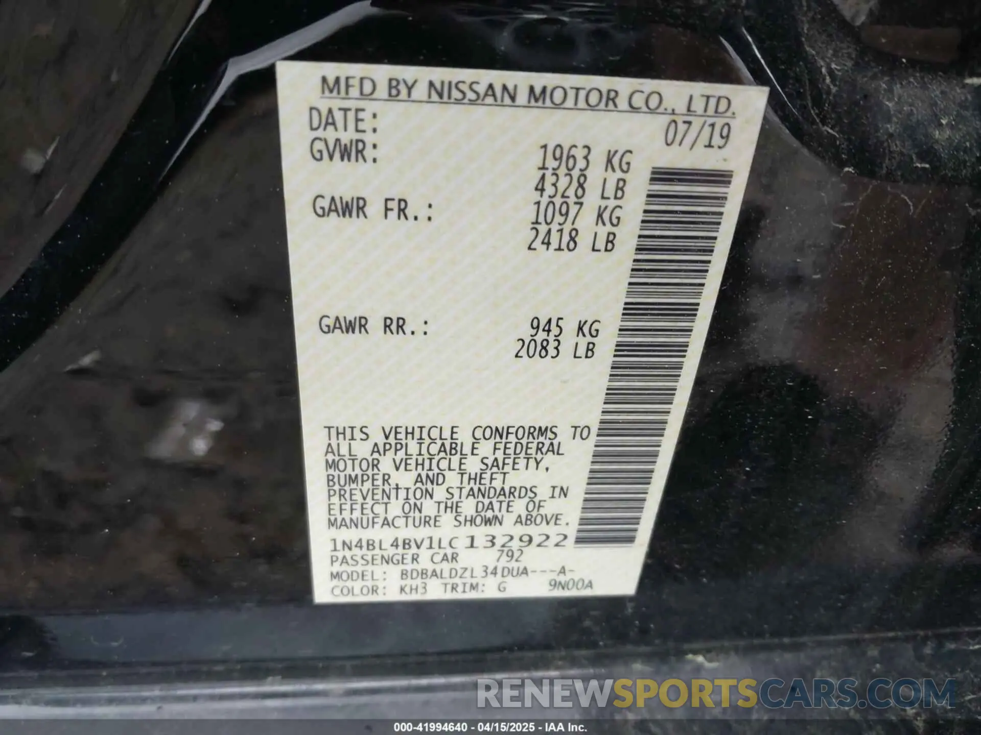 9 Photograph of a damaged car 1N4BL4BV1LC132922 NISSAN ALTIMA 2020