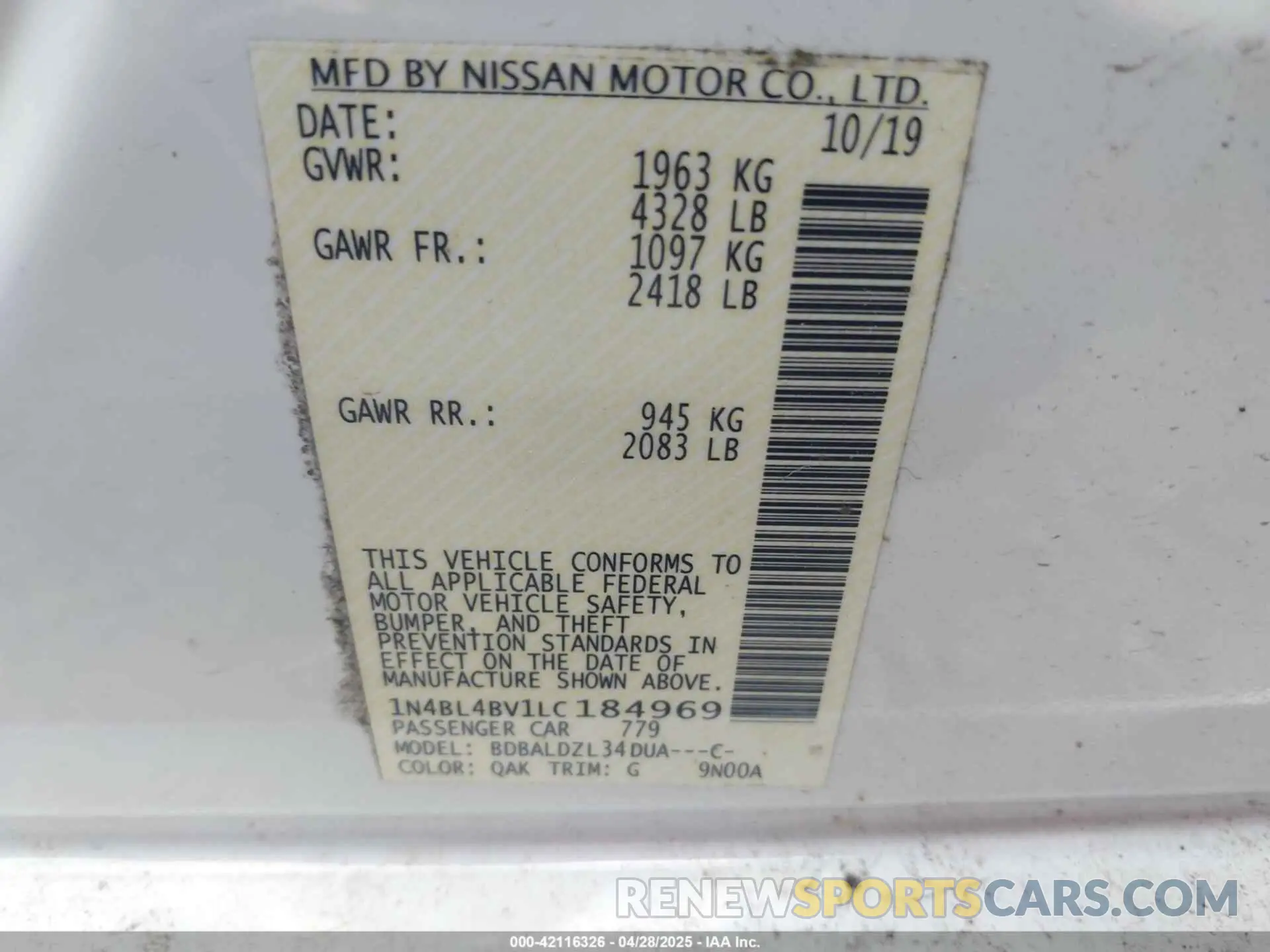 9 Photograph of a damaged car 1N4BL4BV1LC184969 NISSAN ALTIMA 2020