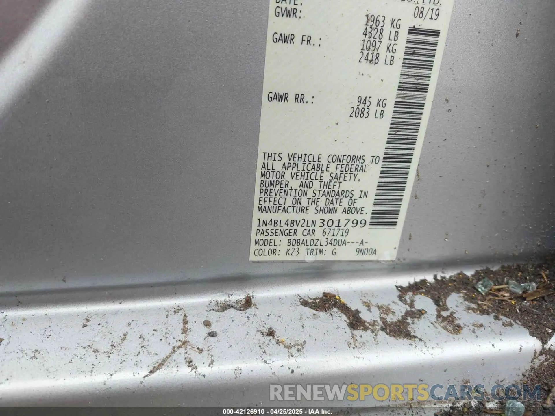 9 Photograph of a damaged car 1N4BL4BV2LN301799 NISSAN ALTIMA 2020