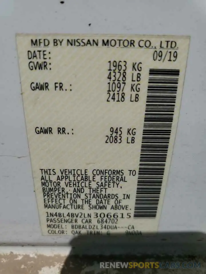 12 Фотография поврежденного автомобиля 1N4BL4BV2LN306615 NISSAN ALTIMA 2020