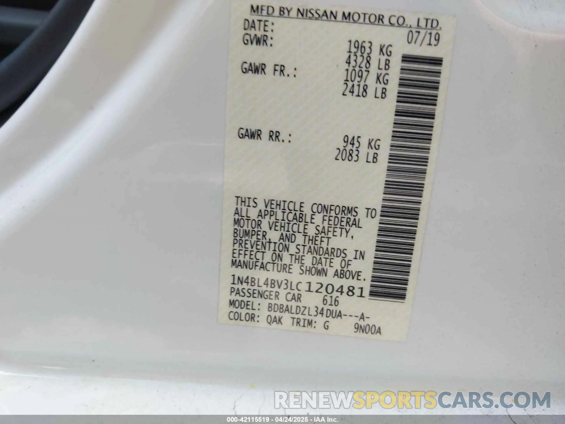 9 Photograph of a damaged car 1N4BL4BV3LC120481 NISSAN ALTIMA 2020