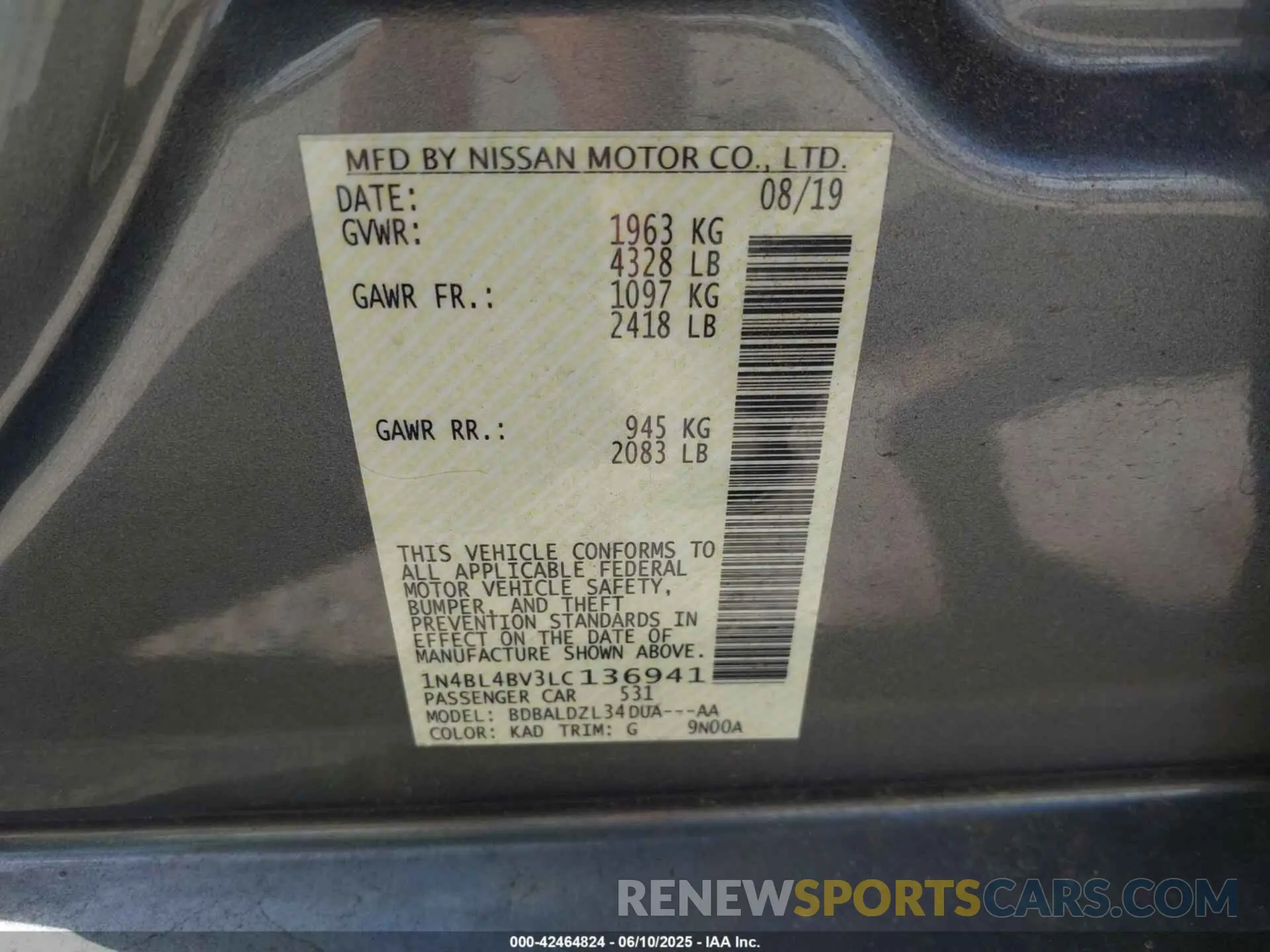 9 Photograph of a damaged car 1N4BL4BV3LC136941 NISSAN ALTIMA 2020