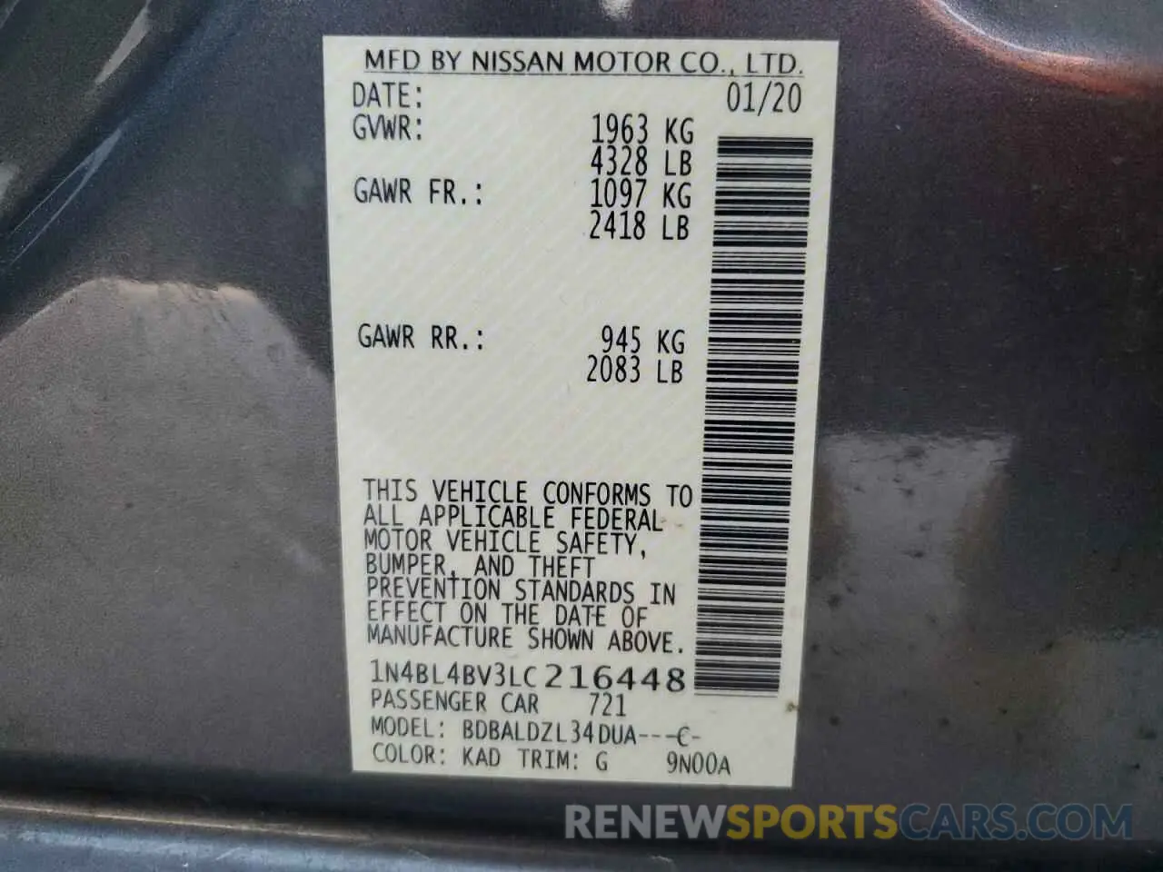 12 Фотография поврежденного автомобиля 1N4BL4BV3LC216448 NISSAN ALTIMA 2020