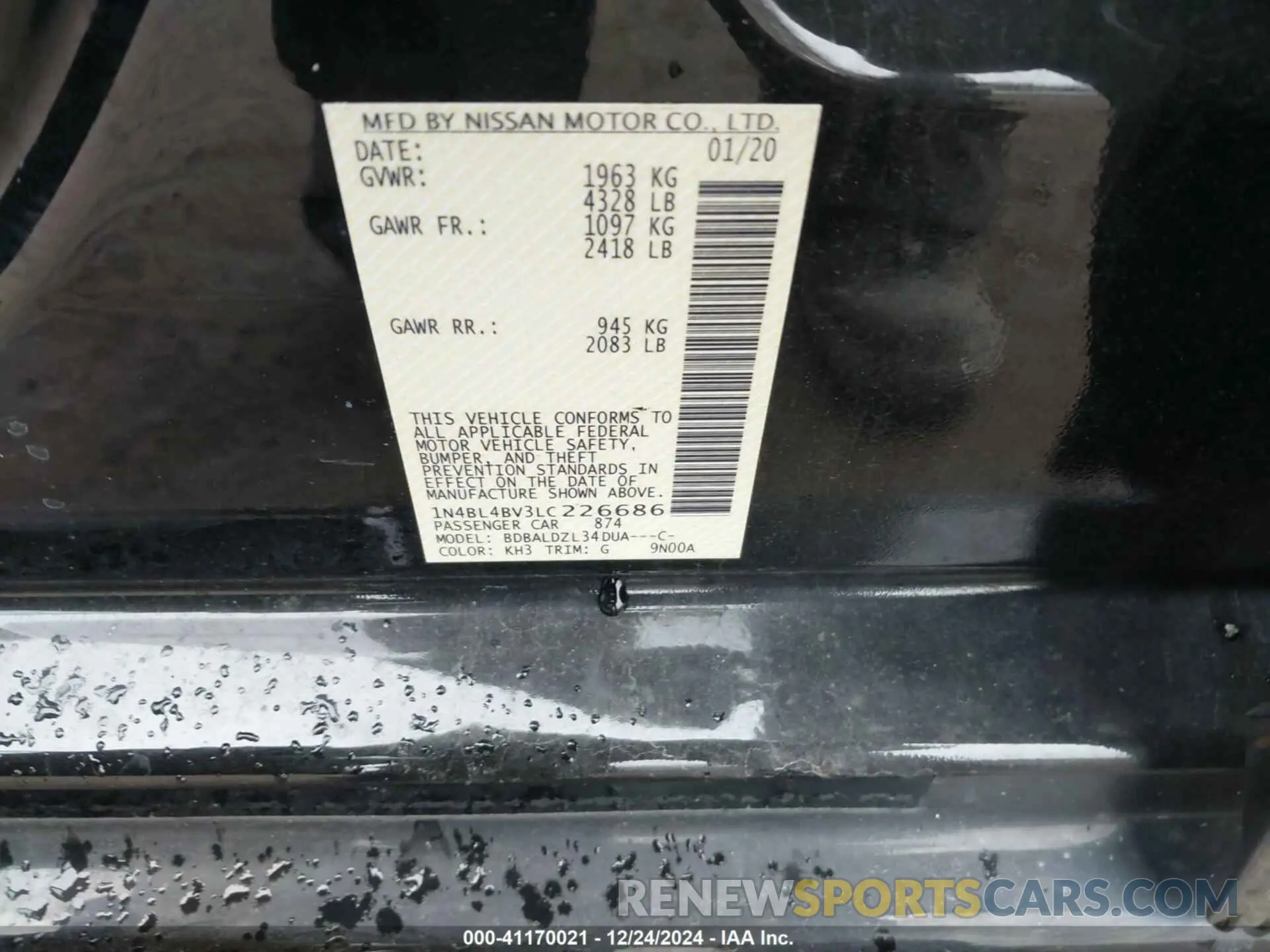 9 Photograph of a damaged car 1N4BL4BV3LC226686 NISSAN ALTIMA 2020