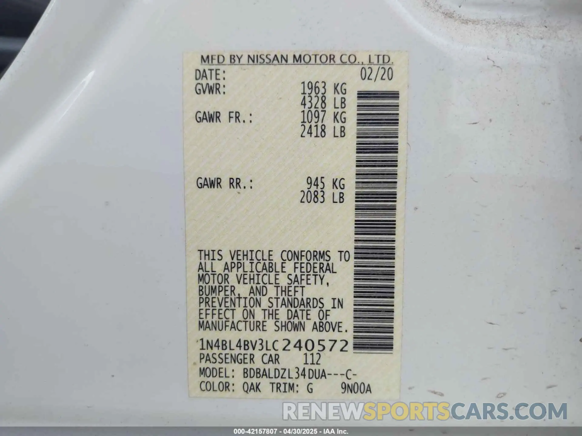 9 Фотография поврежденного автомобиля 1N4BL4BV3LC240572 NISSAN ALTIMA 2020