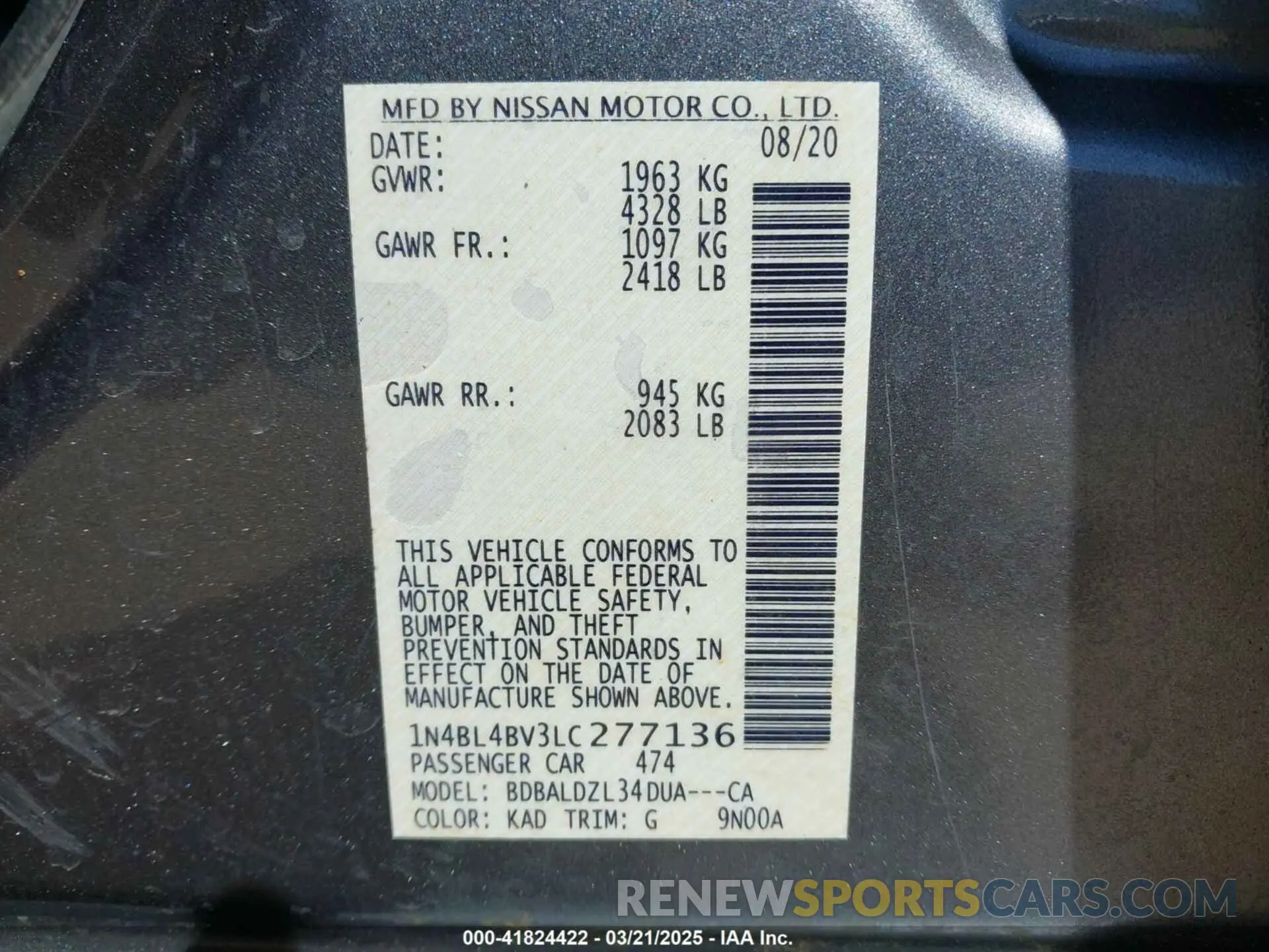 9 Photograph of a damaged car 1N4BL4BV3LC277136 NISSAN ALTIMA 2020