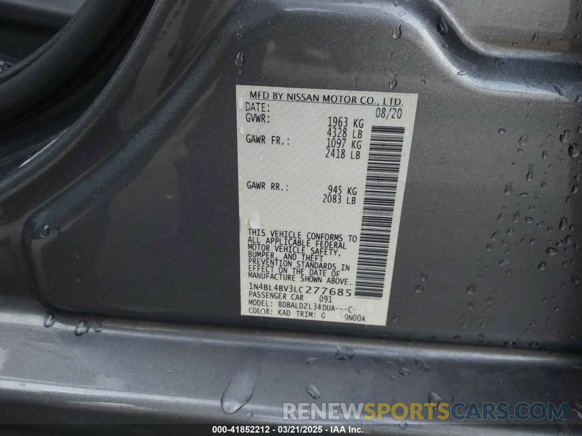9 Фотография поврежденного автомобиля 1N4BL4BV3LC277685 NISSAN ALTIMA 2020