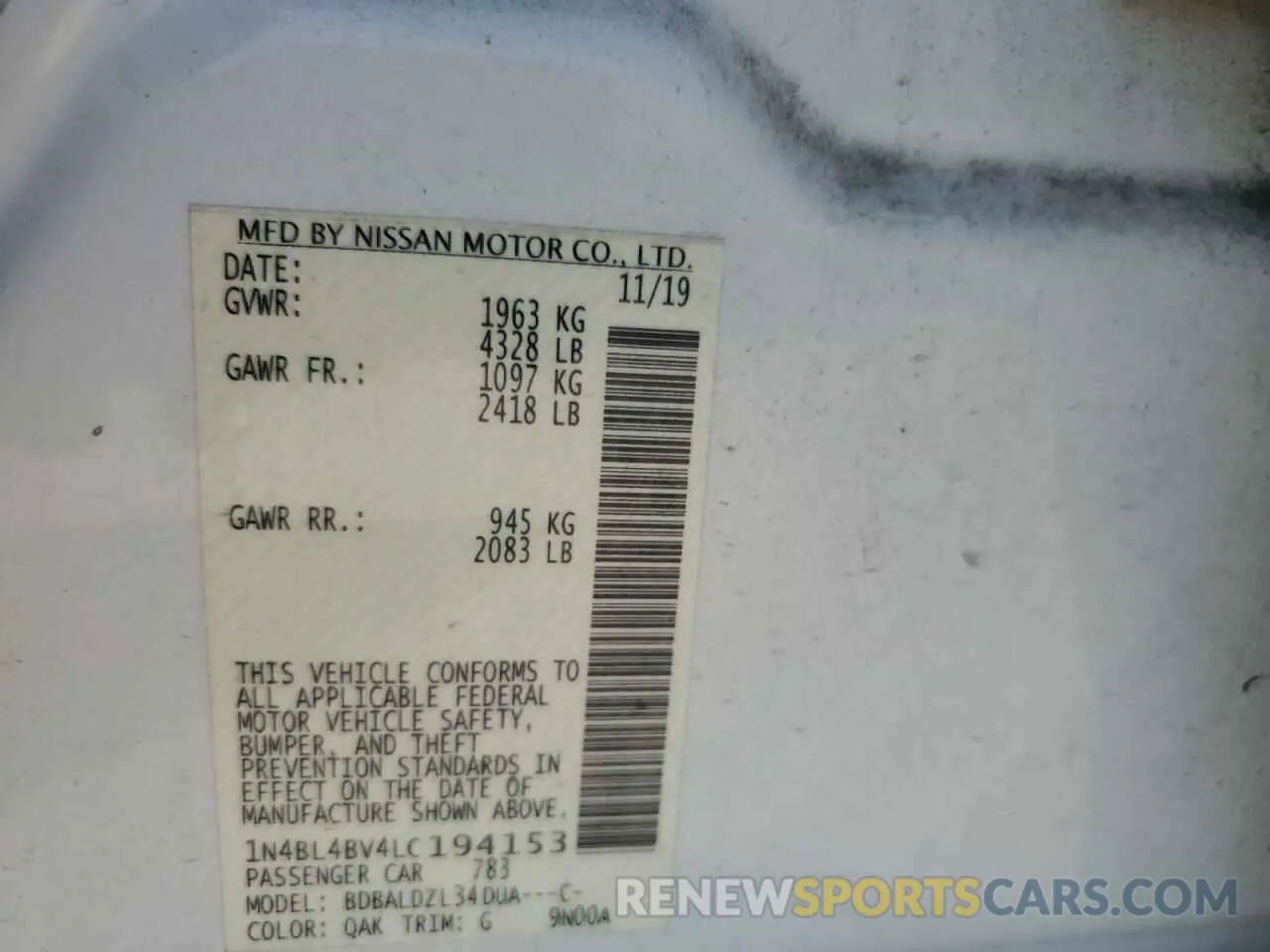 12 Фотография поврежденного автомобиля 1N4BL4BV4LC194153 NISSAN ALTIMA 2020