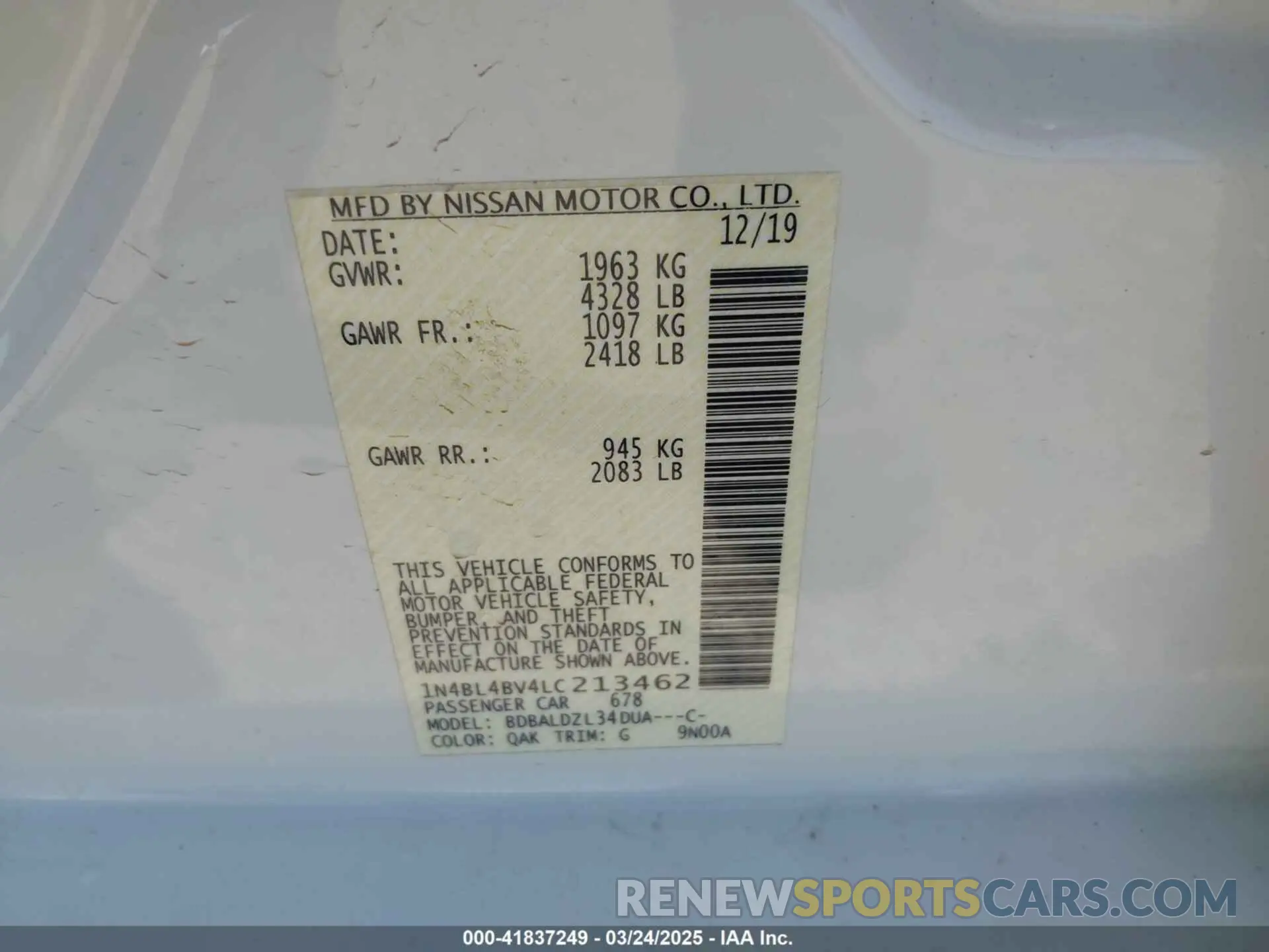 9 Фотография поврежденного автомобиля 1N4BL4BV4LC213462 NISSAN ALTIMA 2020