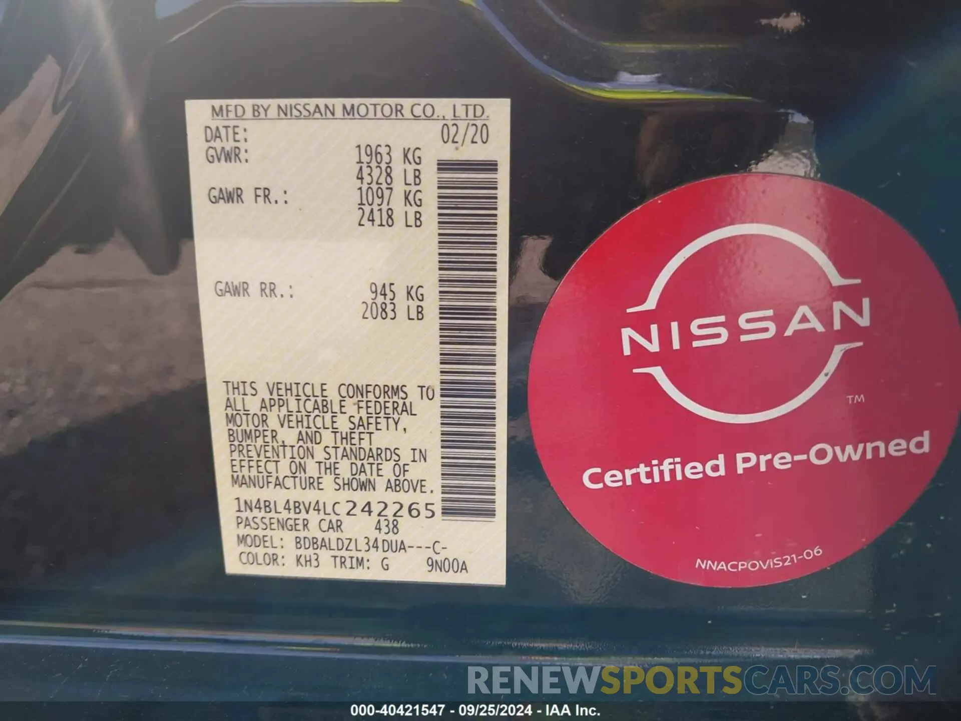 9 Фотография поврежденного автомобиля 1N4BL4BV4LC242265 NISSAN ALTIMA 2020