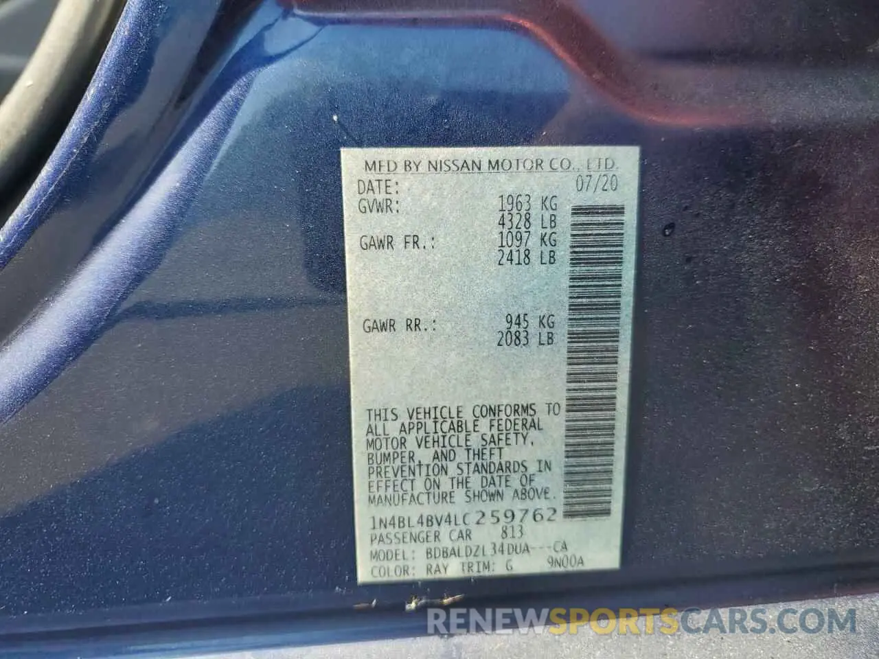 12 Фотография поврежденного автомобиля 1N4BL4BV4LC259762 NISSAN ALTIMA 2020