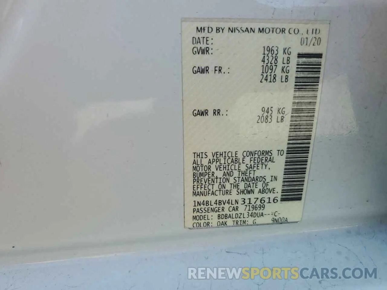 12 Photograph of a damaged car 1N4BL4BV4LN317616 NISSAN ALTIMA 2020