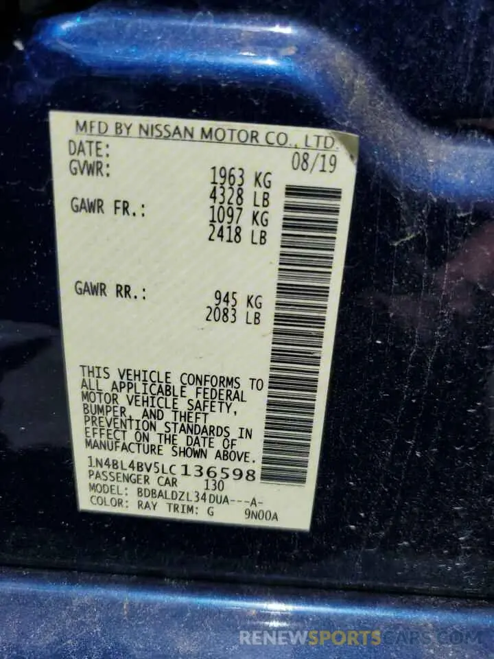 12 Фотография поврежденного автомобиля 1N4BL4BV5LC136598 NISSAN ALTIMA 2020