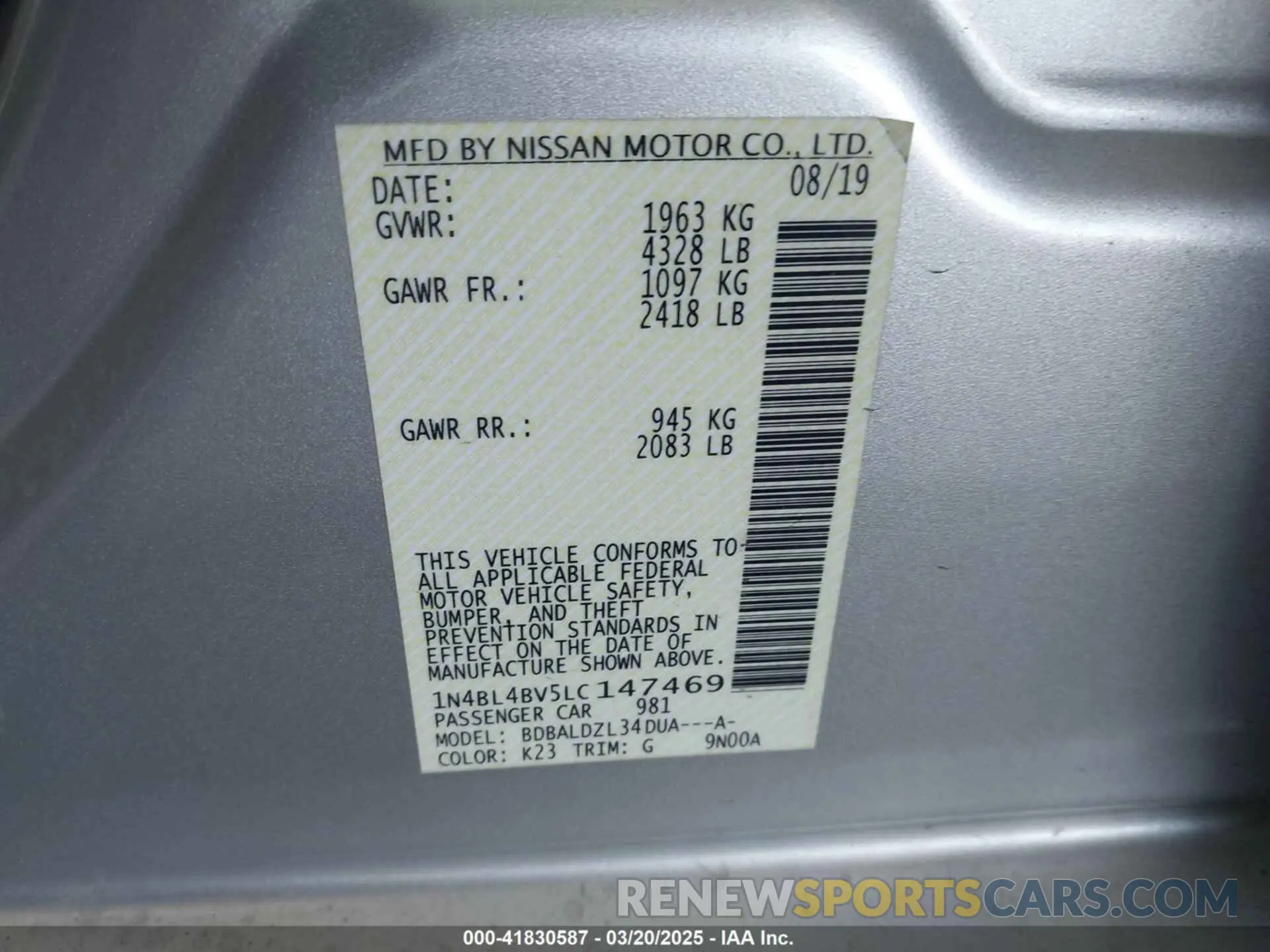 9 Photograph of a damaged car 1N4BL4BV5LC147469 NISSAN ALTIMA 2020