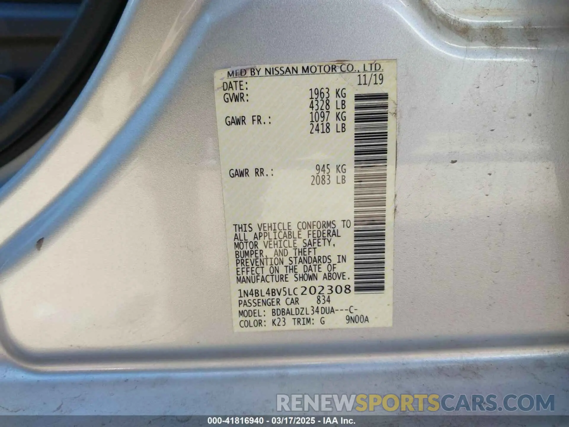 9 Photograph of a damaged car 1N4BL4BV5LC202308 NISSAN ALTIMA 2020
