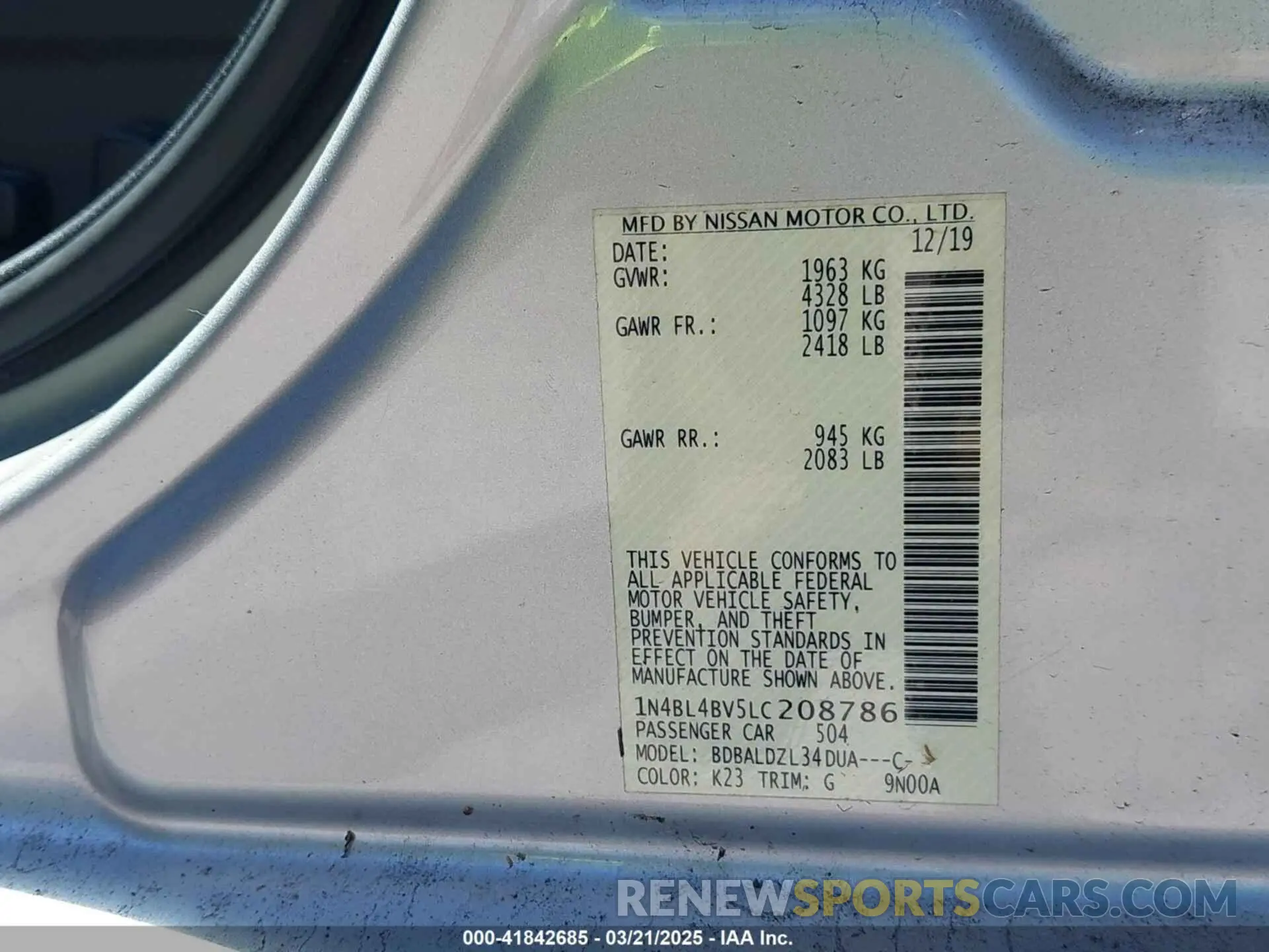 9 Фотография поврежденного автомобиля 1N4BL4BV5LC208786 NISSAN ALTIMA 2020