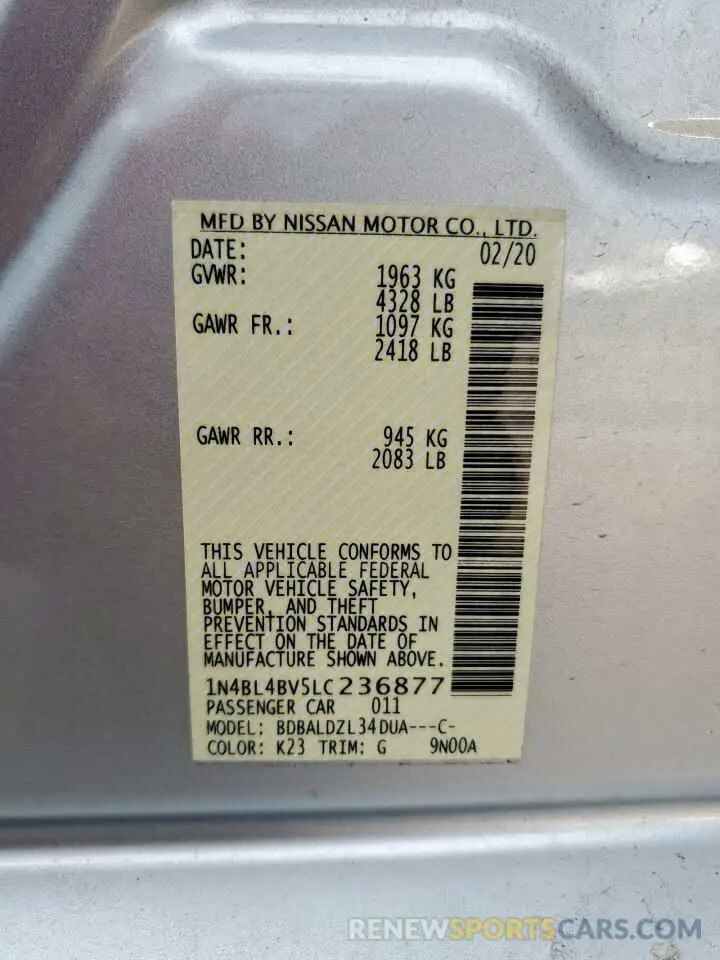 13 Photograph of a damaged car 1N4BL4BV5LC236877 NISSAN ALTIMA 2020