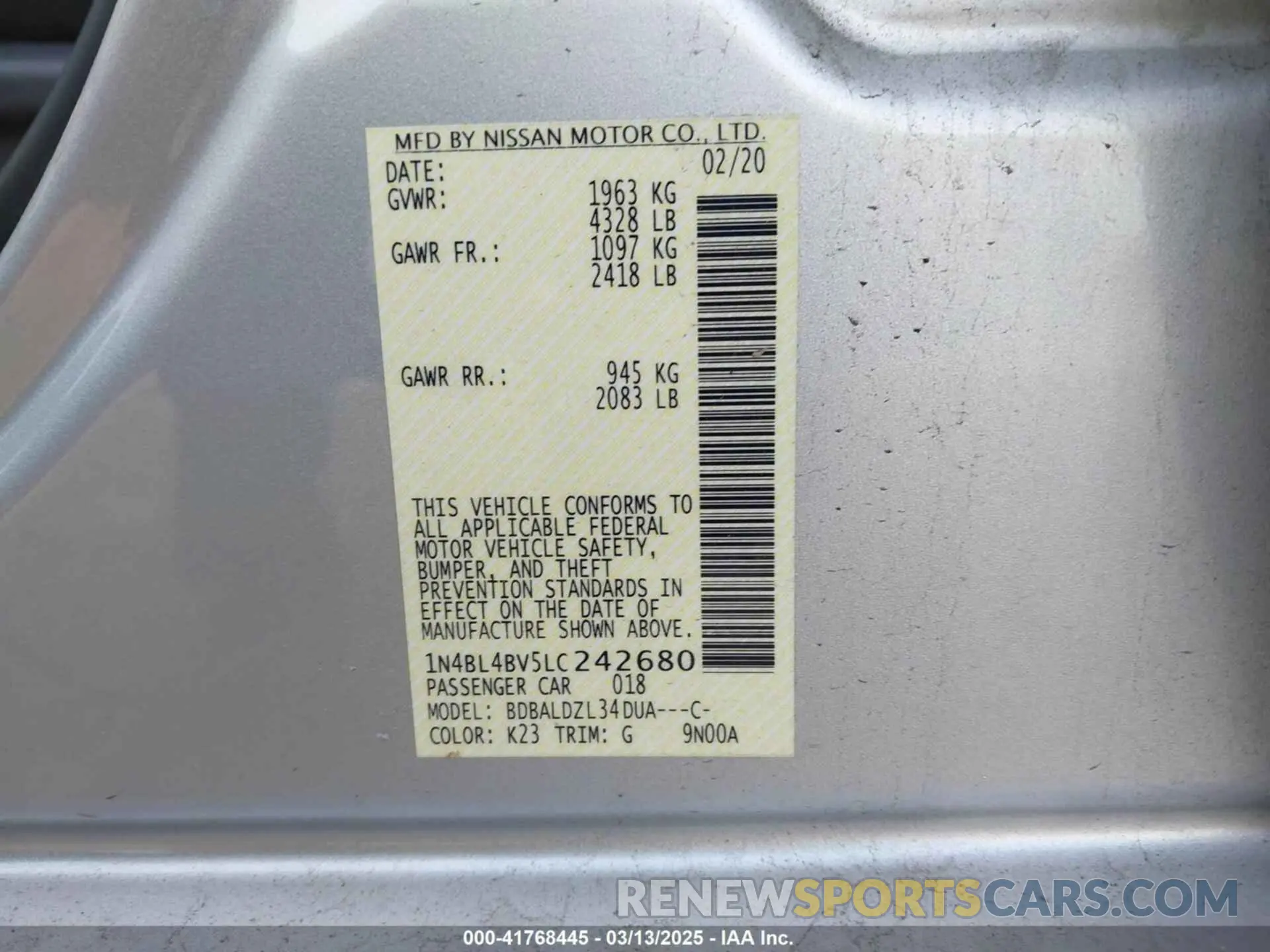 9 Photograph of a damaged car 1N4BL4BV5LC242680 NISSAN ALTIMA 2020