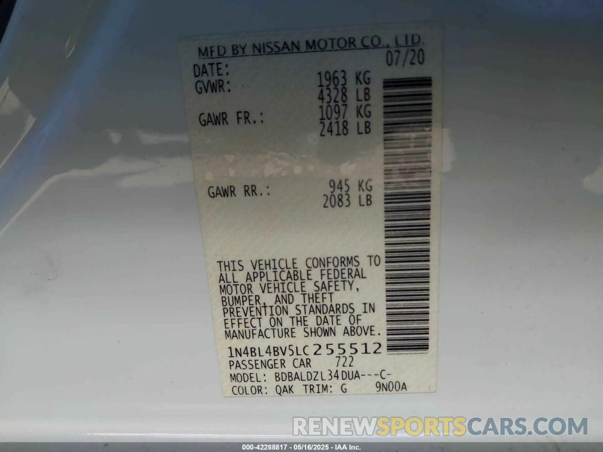 9 Фотография поврежденного автомобиля 1N4BL4BV5LC255512 NISSAN ALTIMA 2020