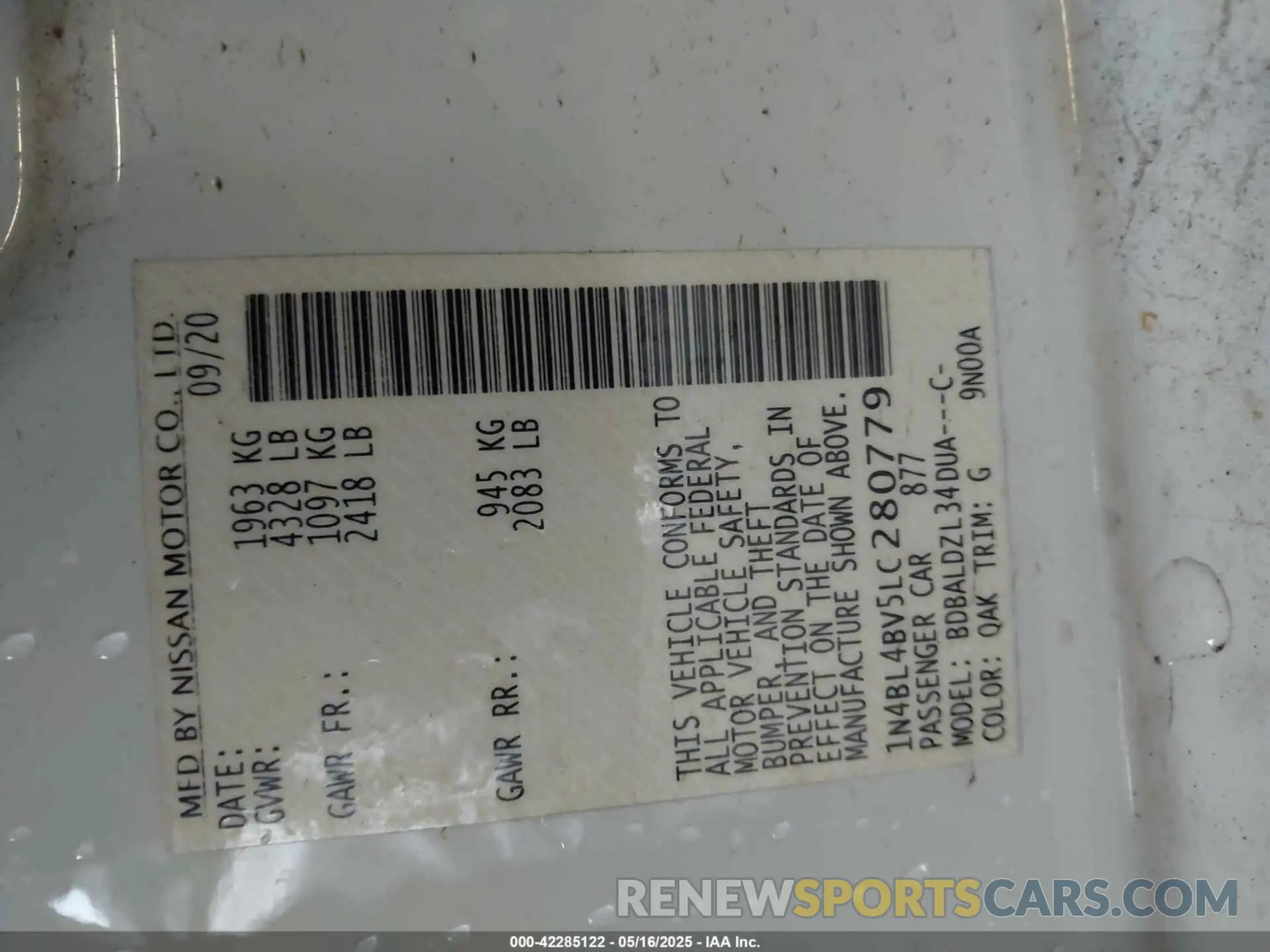 9 Фотография поврежденного автомобиля 1N4BL4BV5LC280779 NISSAN ALTIMA 2020
